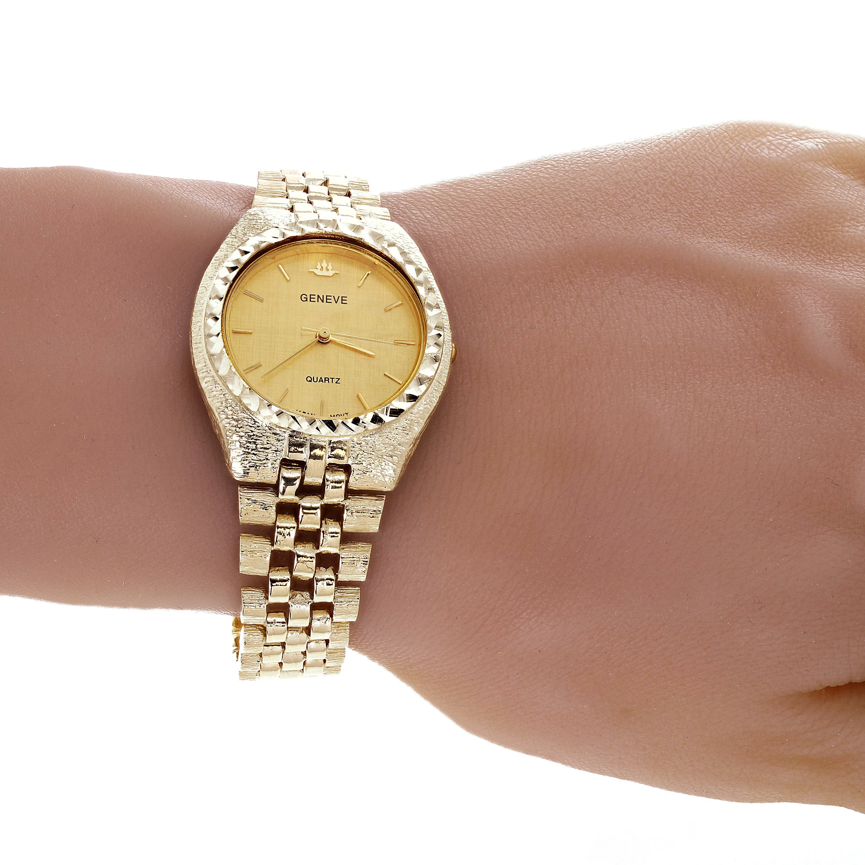 10k Yellow Gold Link Geneve Diamond Wrist Watch 8"-8.5" 49 grams