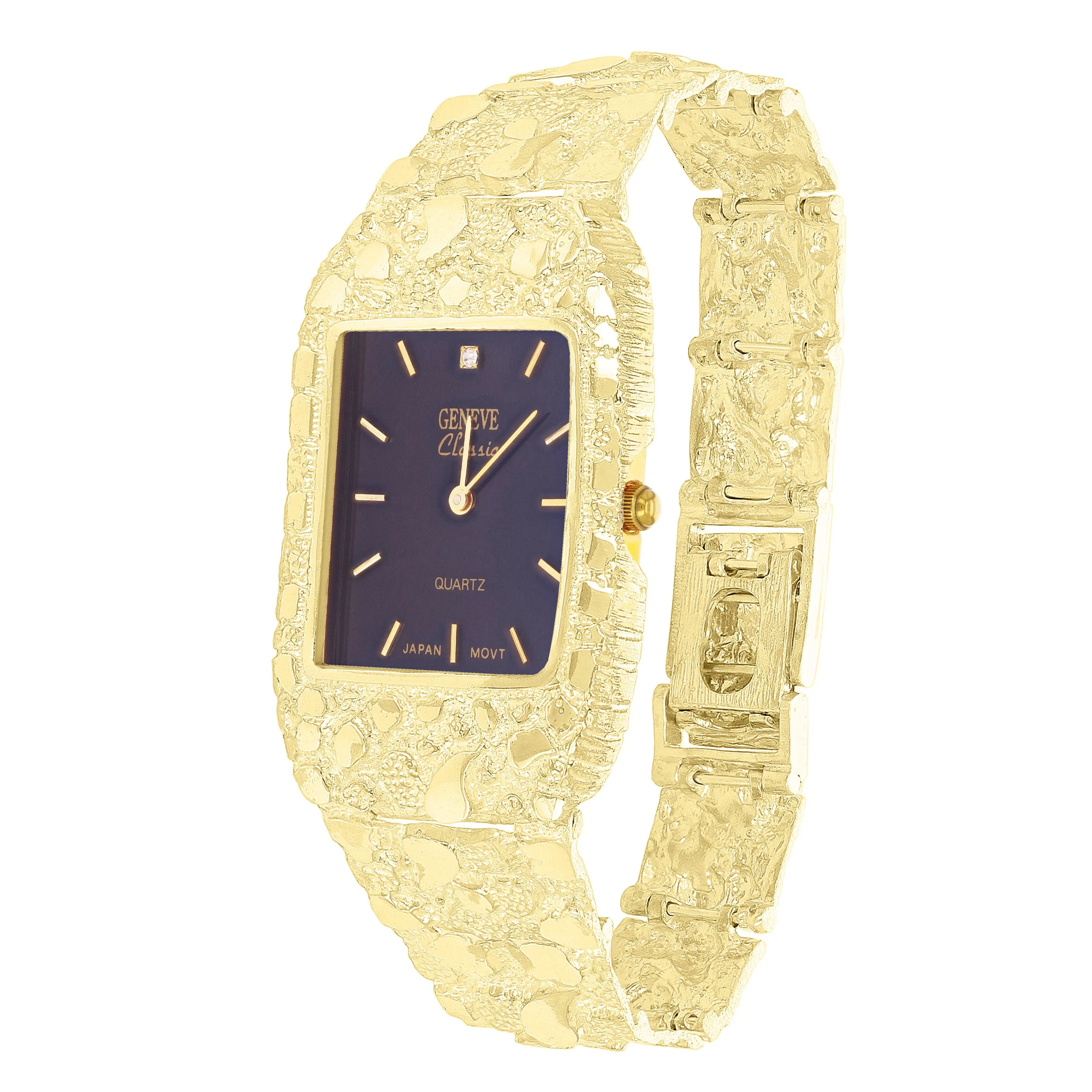 10k Yellow Gold Nugget Bracelet Link Wrist Watch Geneve with Diamond 7-7.5" 45g