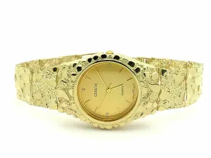 10k Yellow Gold Nugget Wrist Watch Link Bracelet with Geneve Watch 7.5" 48.5g