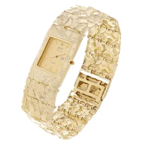 10k Yellow Gold Nugget Wrist Watch Link Geneve Diamond Watch 8" 30.5mm 92 grams