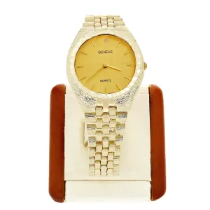 10k Yellow Gold Watch Link Wrist Bracelet with Geneve Diamond Watch 7-7.5" 43g