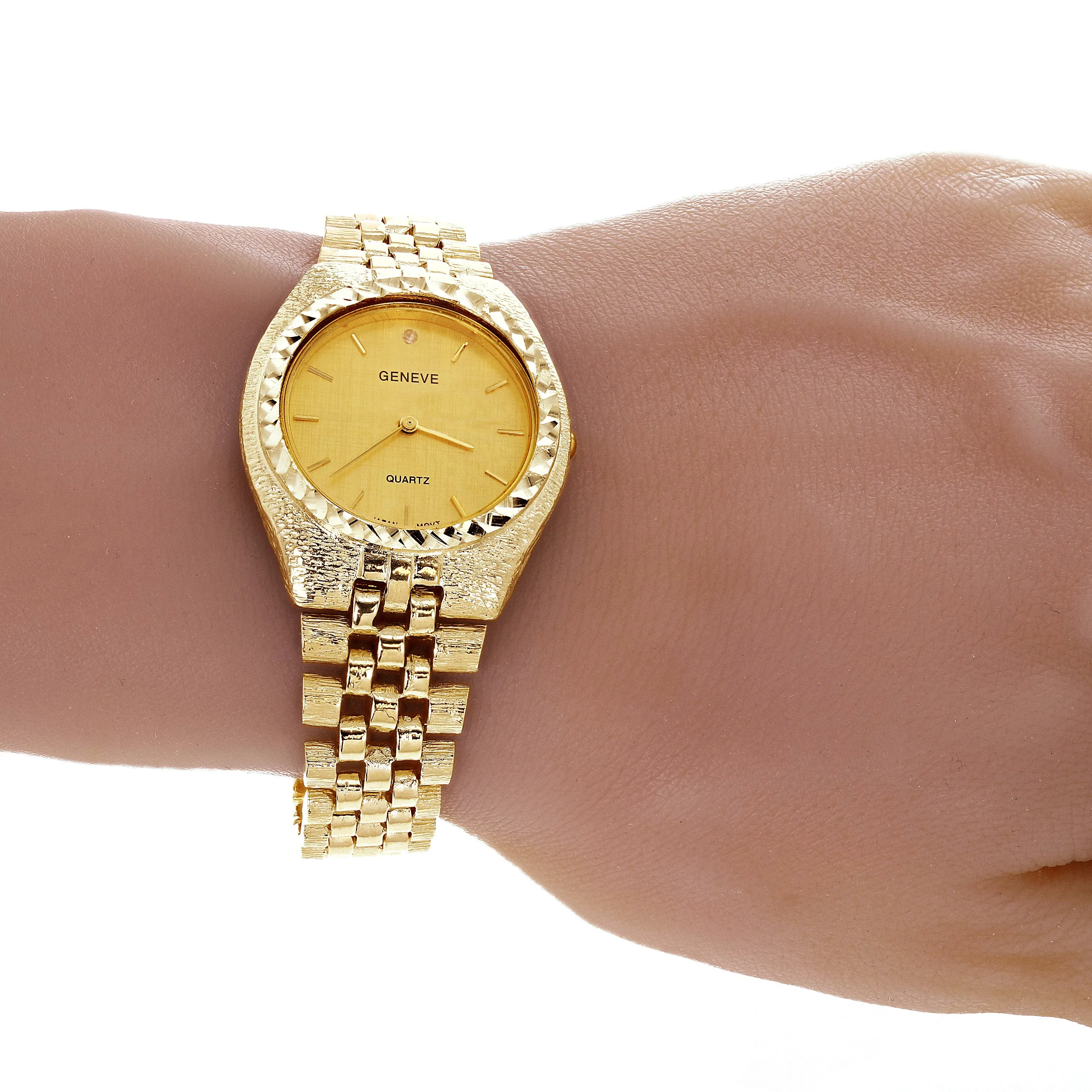 10k Yellow Gold Watch Link Wrist Bracelet with Geneve Diamond Watch 7-7.5" 43g