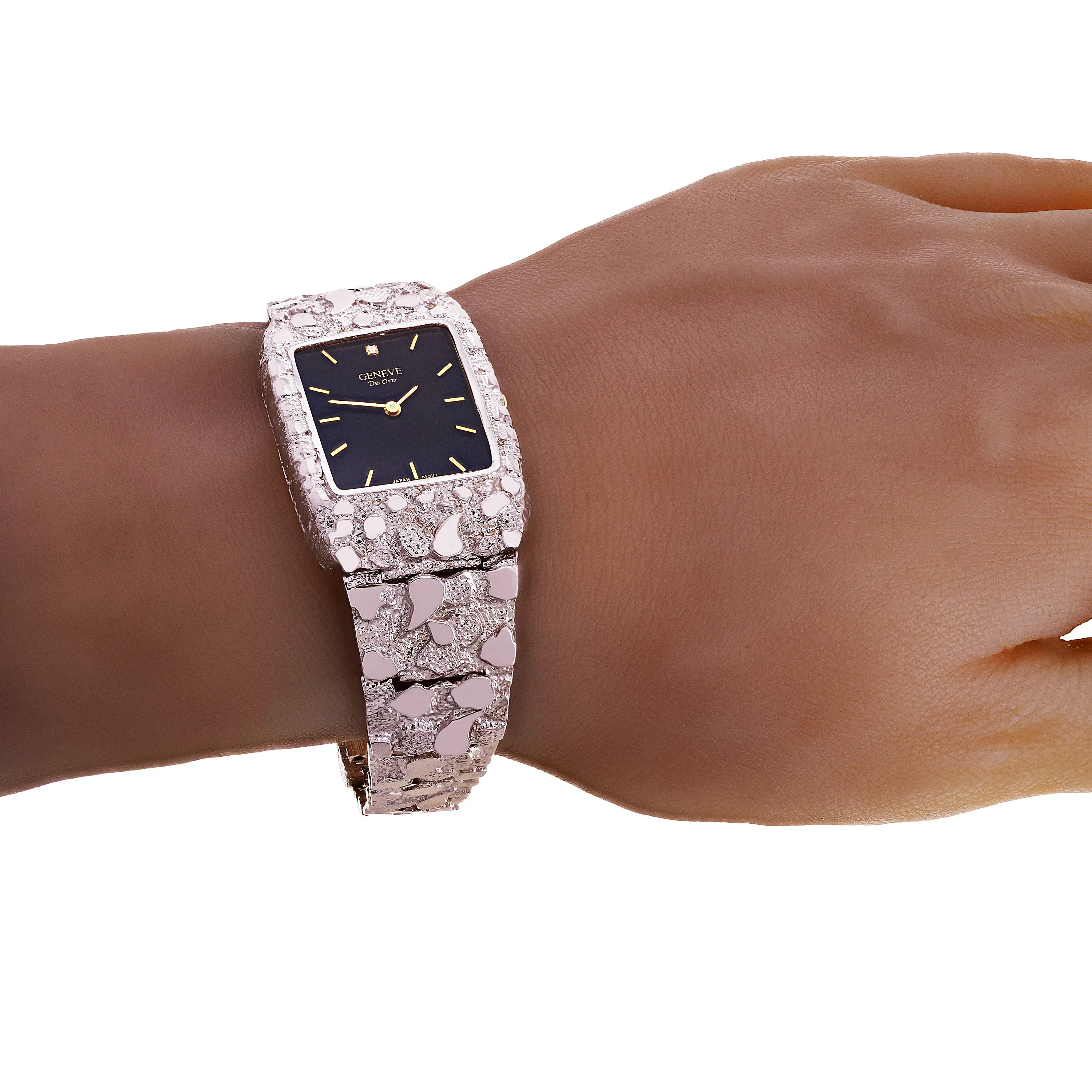 14k White Gold Nugget Link Wrist Band Geneve Diamond Watch 7.5"-8" 54.5 grams