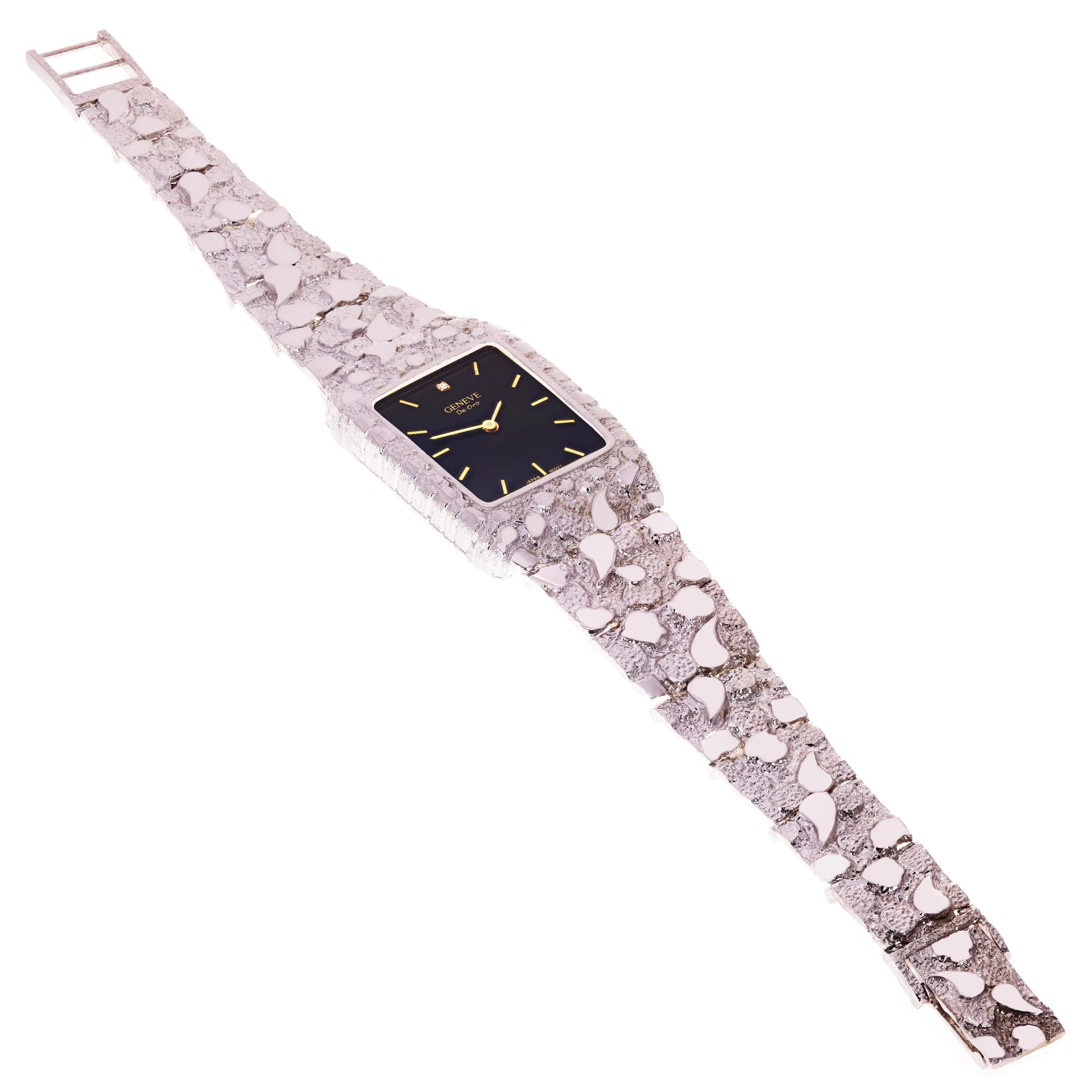 14k White Gold Nugget Link Wrist Band Geneve Diamond Watch 7.5"-8" 54.5 grams