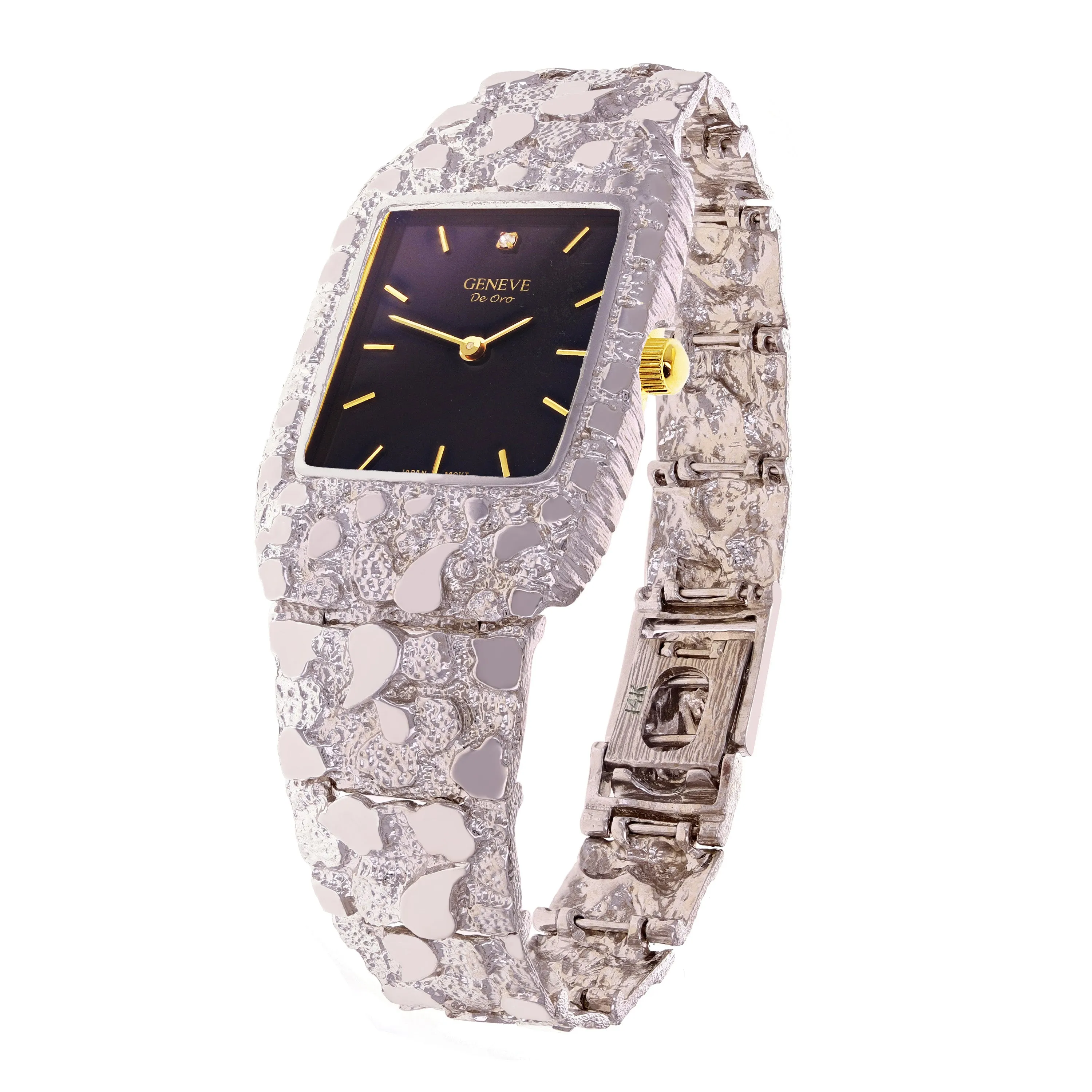 14k White Gold Nugget Link Wrist Band Geneve Diamond Watch 7.5"-8" 54.5 grams