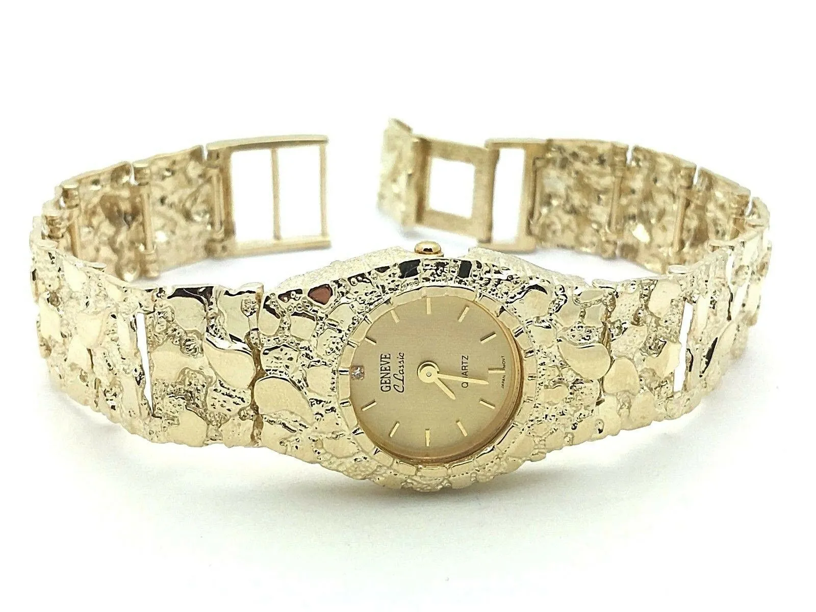14k Yellow Gold Nugget Bracelet Link Geneve Diamond Wrist Watch 7.5"
