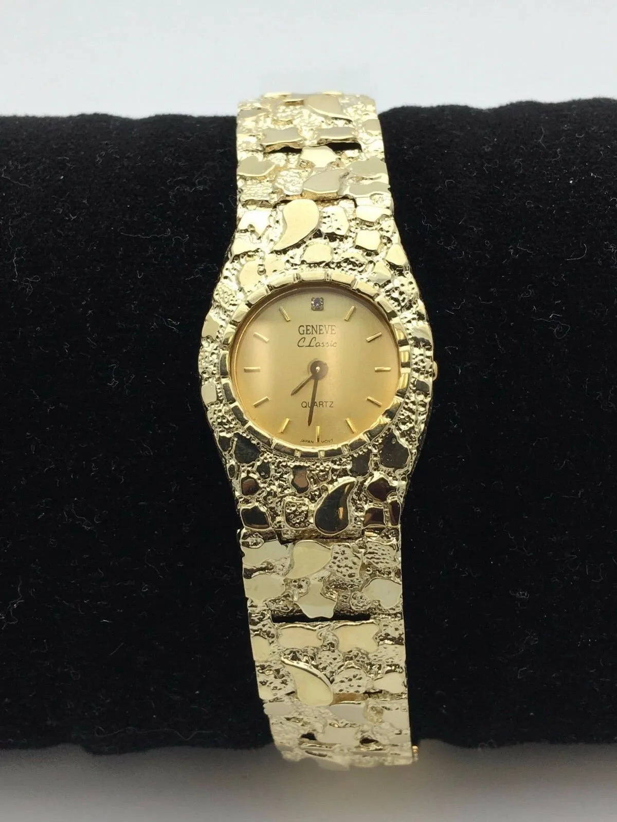 14k Yellow Gold Nugget Bracelet Link Geneve Diamond Wrist Watch 7.5"