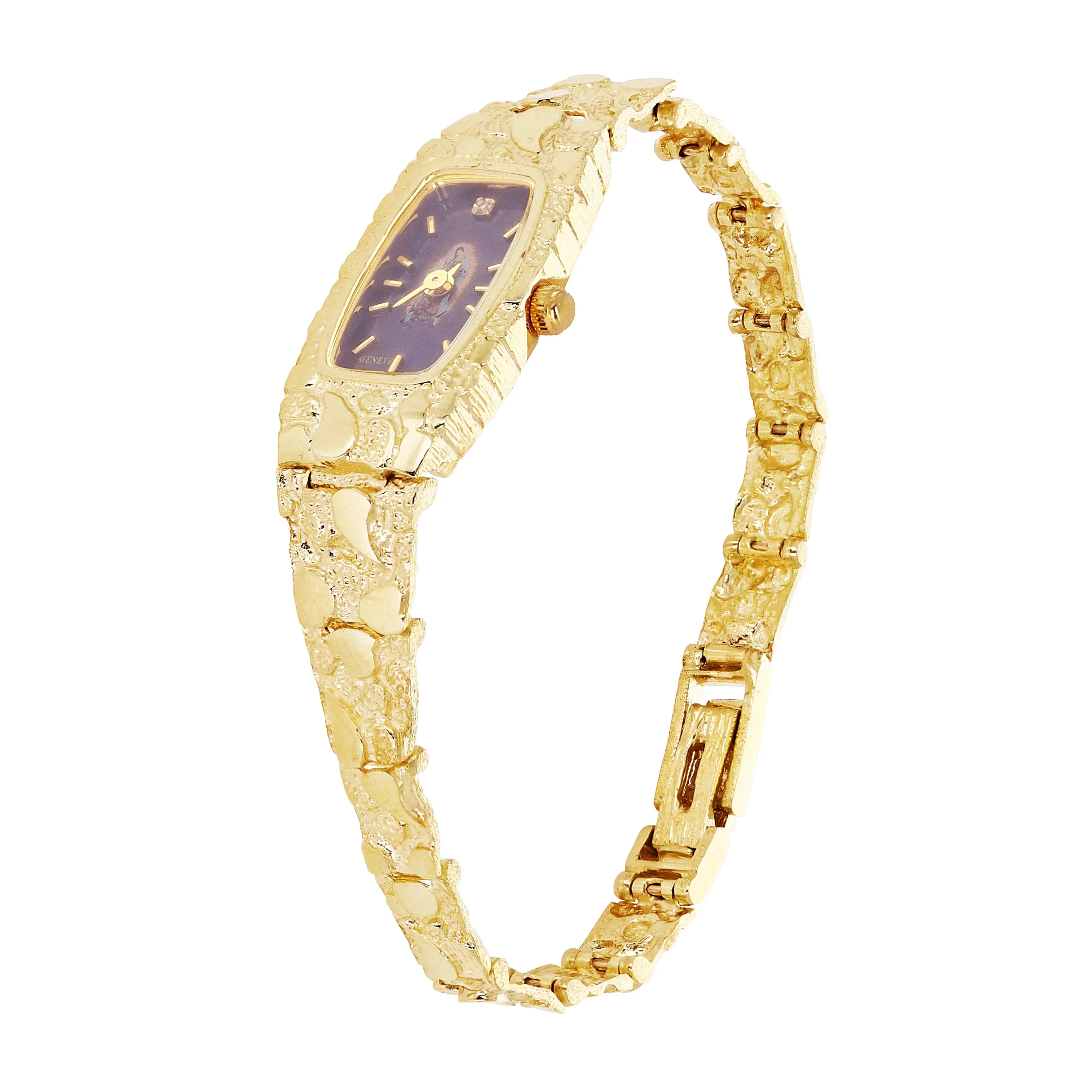 14k Yellow Gold Nugget Link Wrist Band with Geneve Diamond Watch 7"-7.5" 24 gram