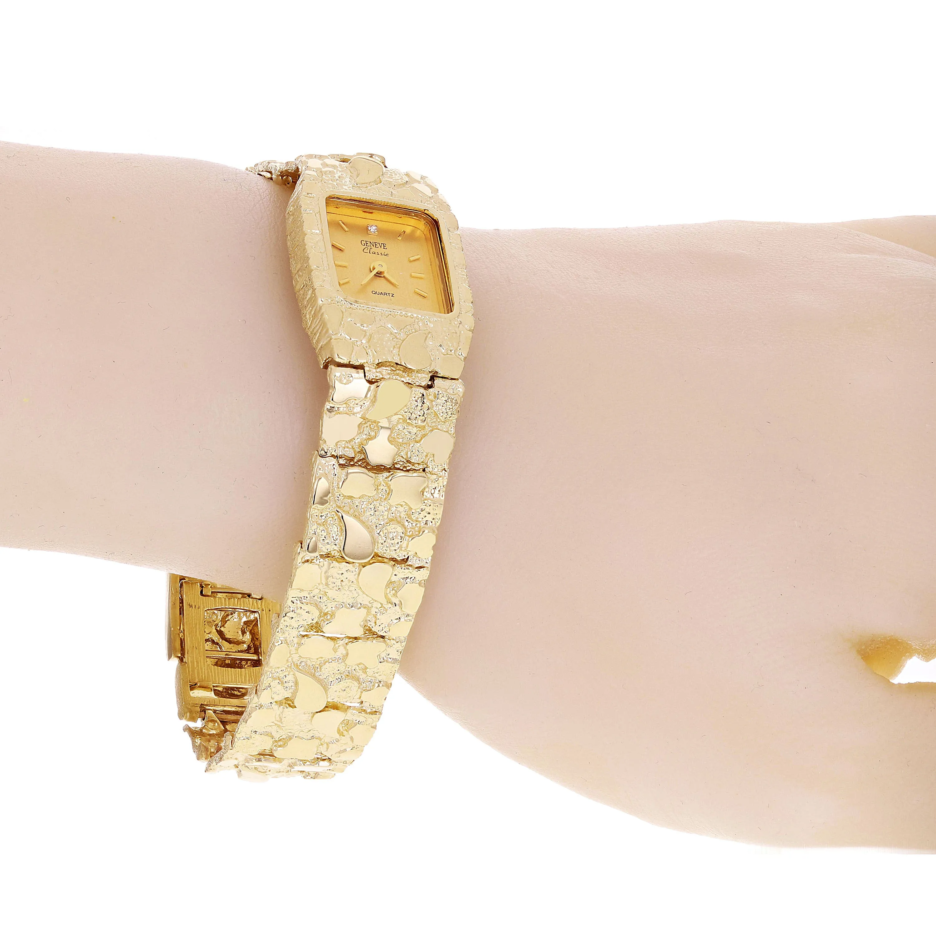 14k Yellow Gold Nugget Link Wrist Watch Bracelet Geneve Diamond Watch 7-7.5" 45g