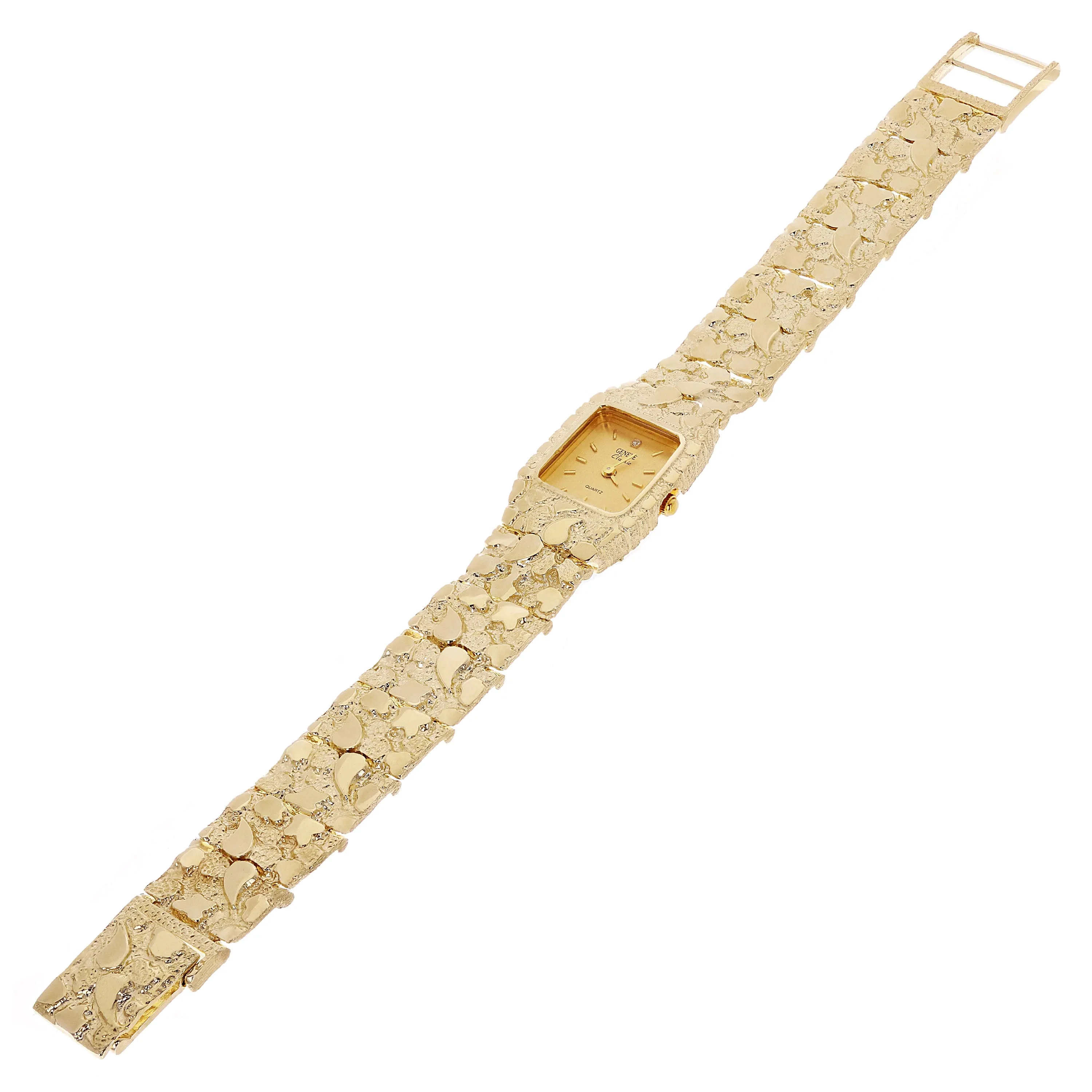 14k Yellow Gold Nugget Link Wrist Watch Bracelet Geneve Diamond Watch 7-7.5" 45g