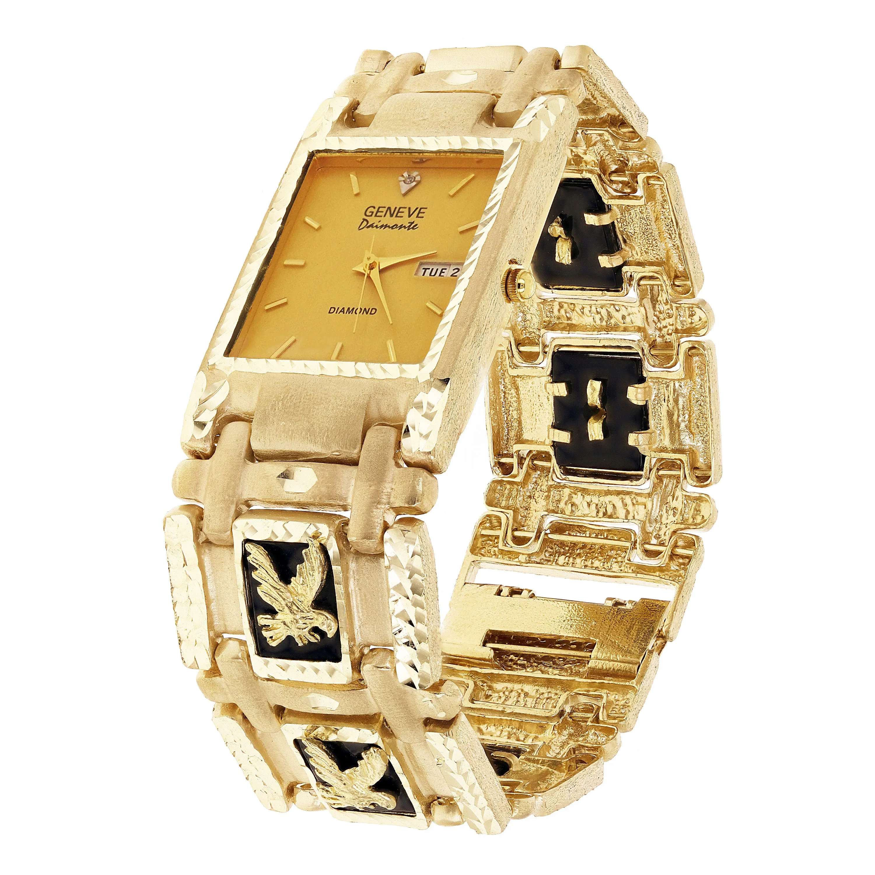 14k Yellow Gold Watch Band Eagle & Black Onyx Geneve Diamond Watch 7.5" 73.4 grams