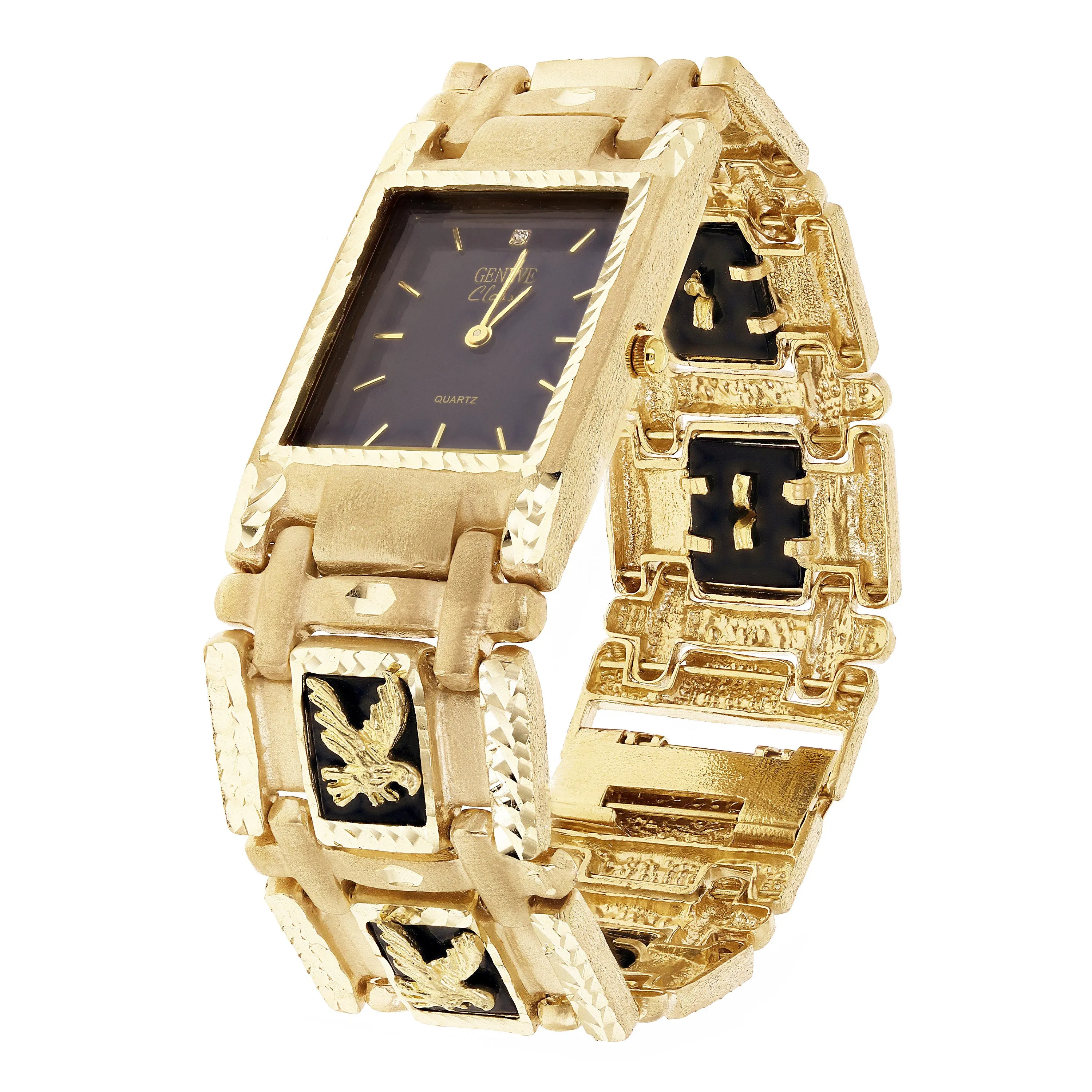 14k Yellow Gold Watch Band Eagle & Black Onyx Geneve Diamond Watch 7.5" 73.4 grams