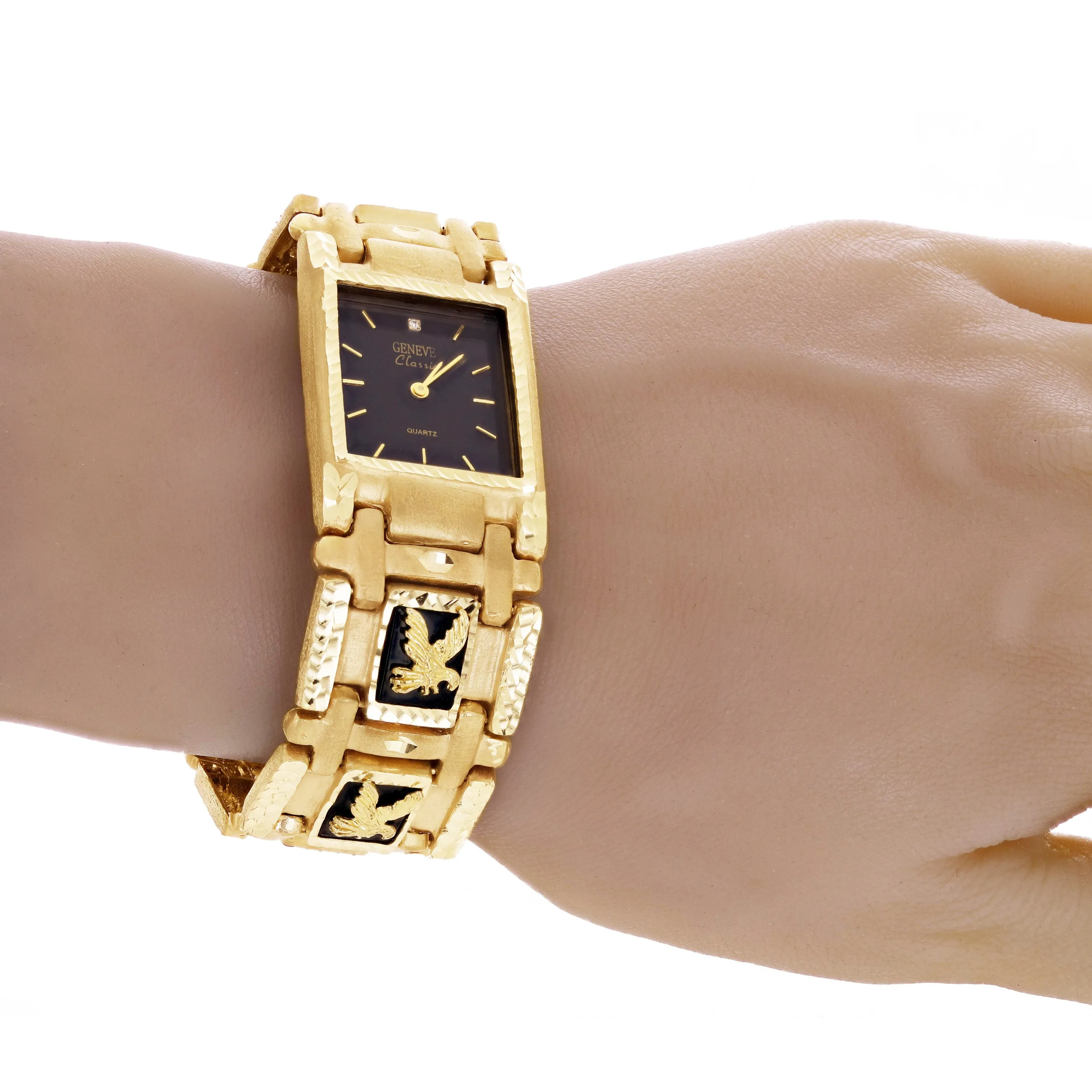 14k Yellow Gold Watch Band Eagle & Black Onyx Geneve Diamond Watch 7.5" 73.4 grams