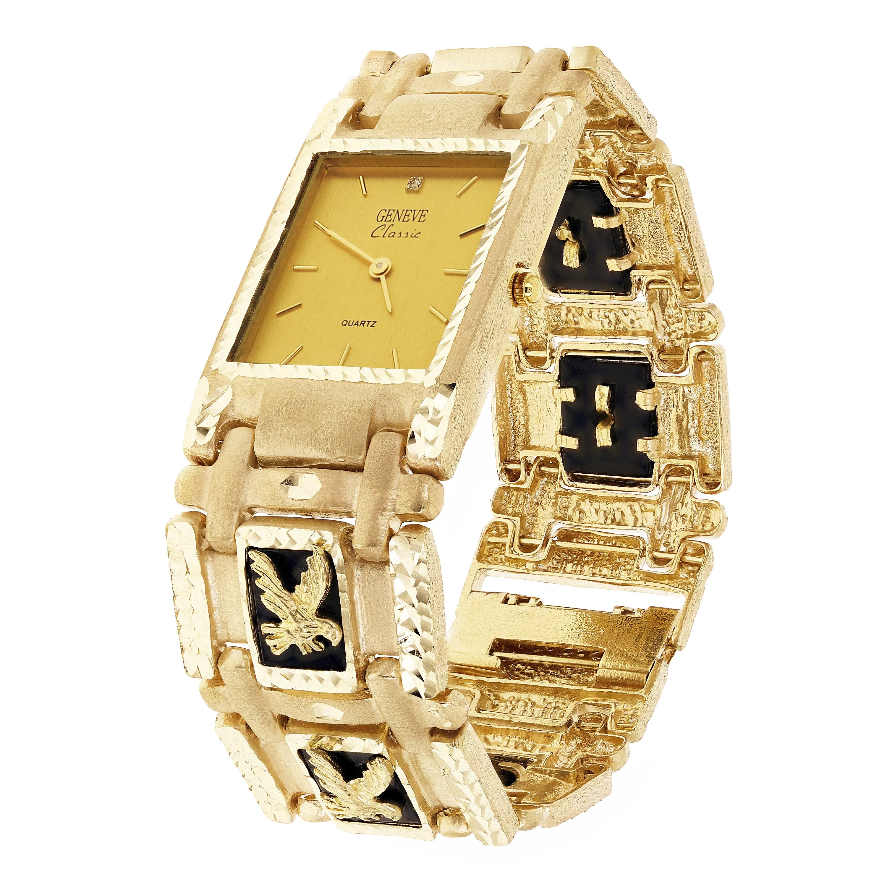 14k Yellow Gold Watch Band Eagle & Black Onyx Geneve Diamond Watch 7.5" 73.4 grams
