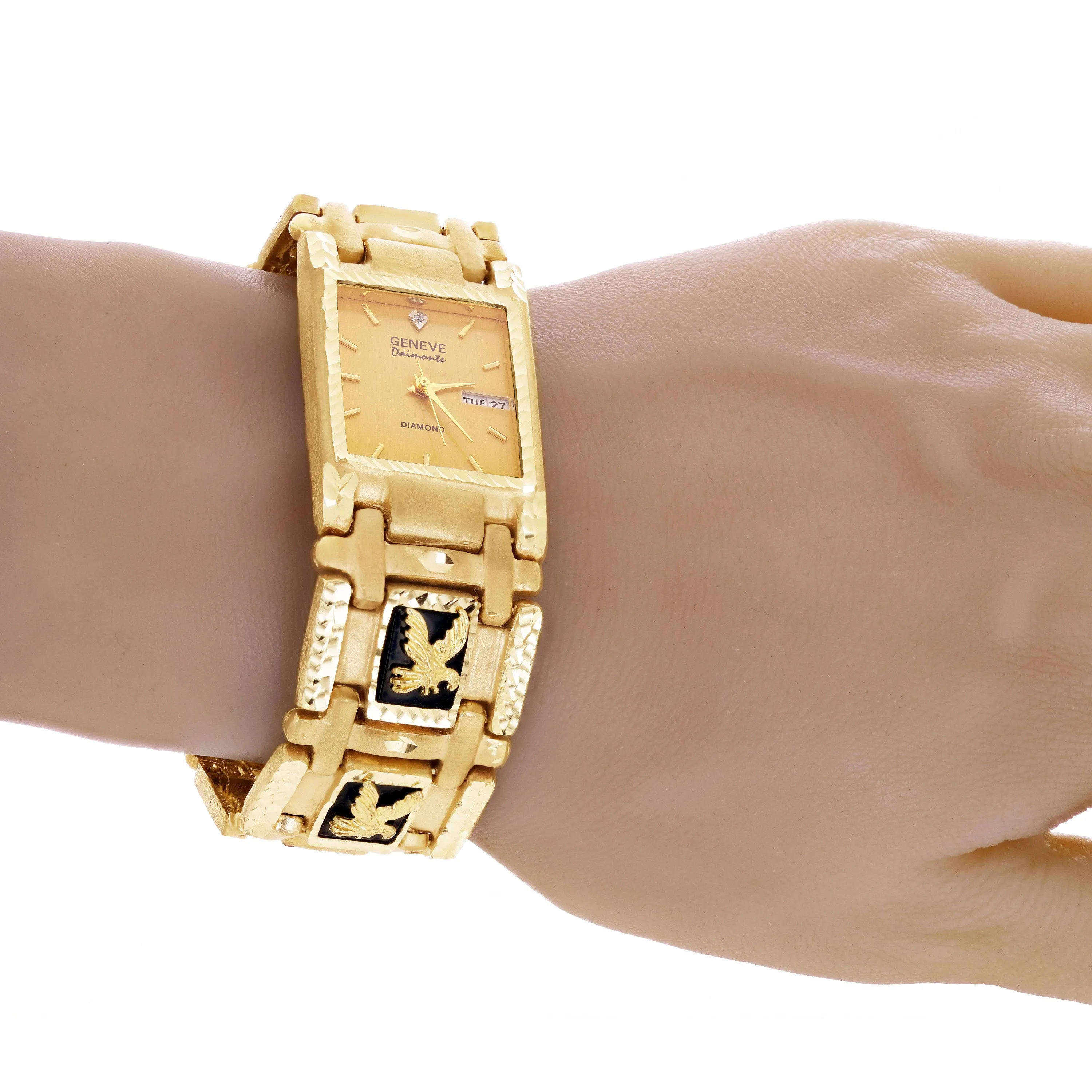 14k Yellow Gold Watch Band Eagle & Black Onyx Geneve Diamond Watch 7.5" 73.4 grams