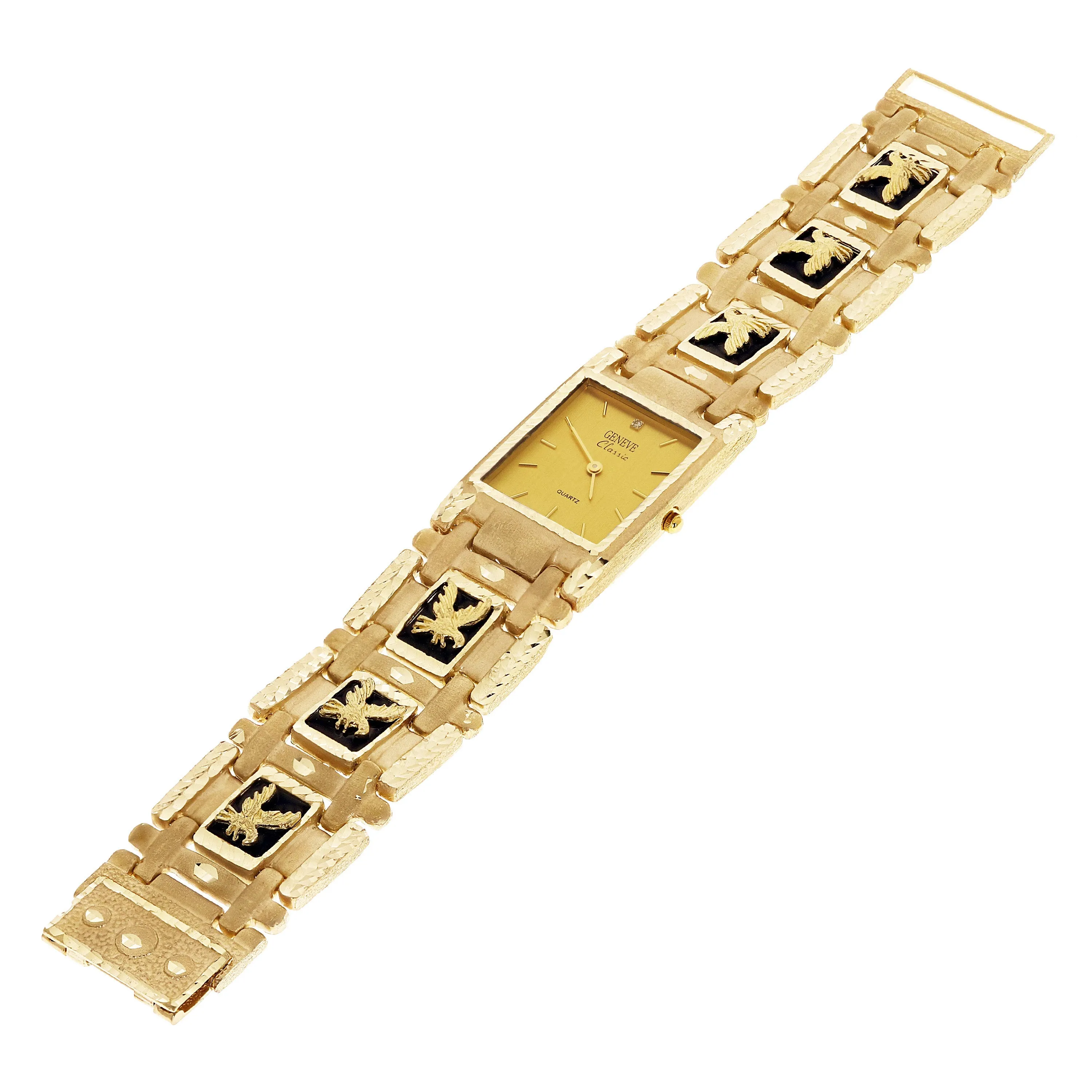14k Yellow Gold Watch Band Eagle & Black Onyx Geneve Diamond Watch 7.5" 73.4 grams