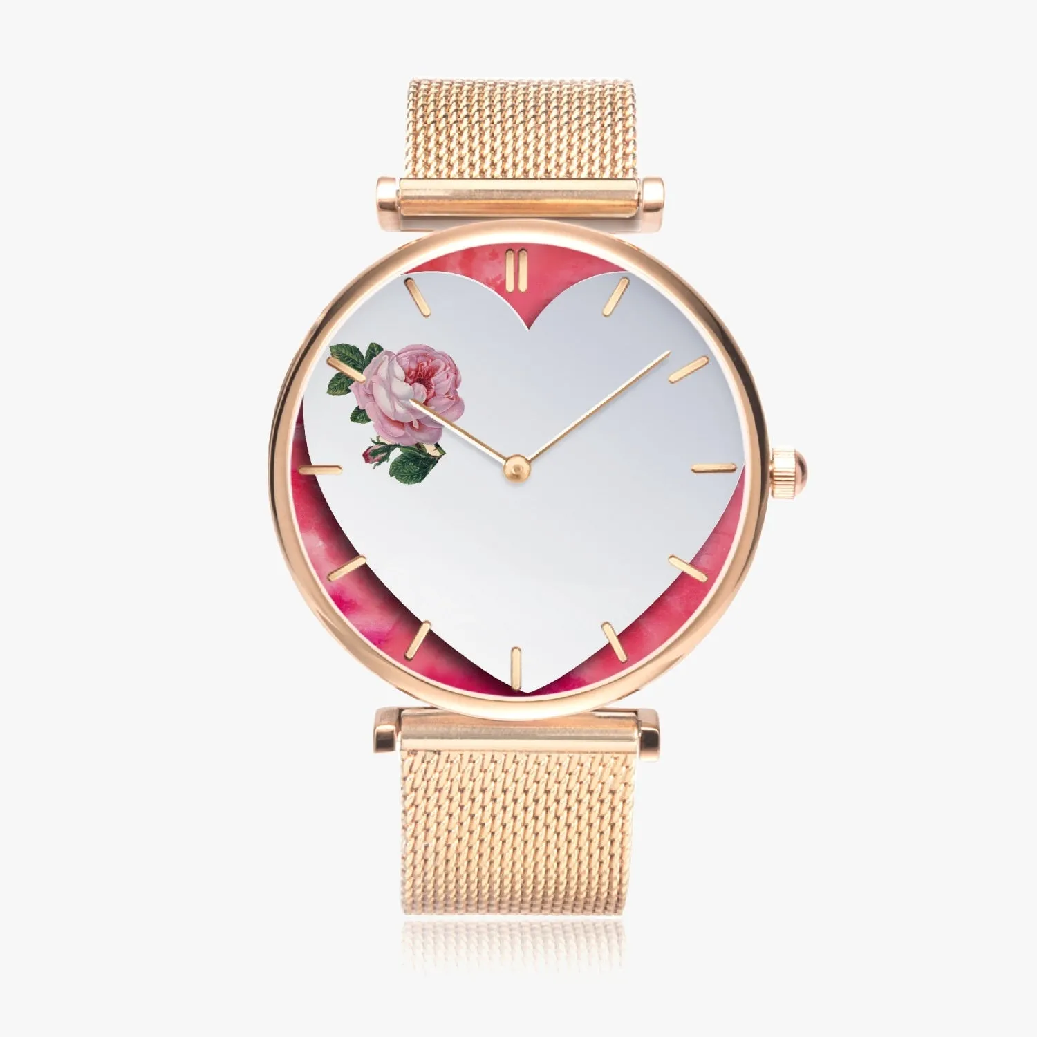156. Custom "BEVELED HEART" BACKGROUND: Ultra-Thin Quartz Watch (With Indicators) Beveled Heart & Rose