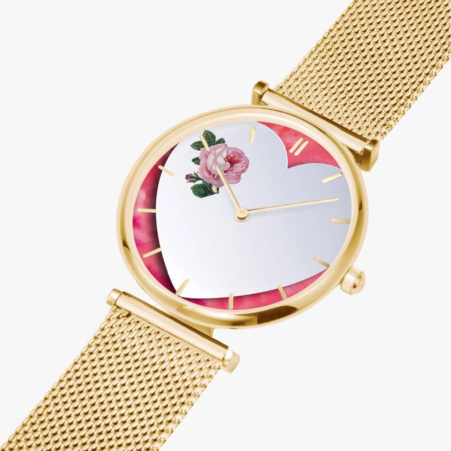 156. Custom "BEVELED HEART" BACKGROUND: Ultra-Thin Quartz Watch (With Indicators) Beveled Heart & Rose