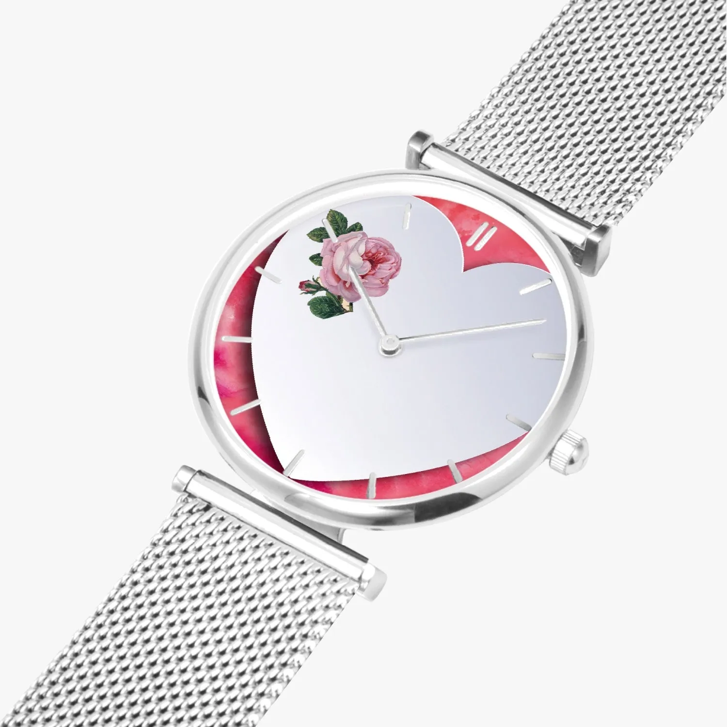156. Custom "BEVELED HEART" BACKGROUND: Ultra-Thin Quartz Watch (With Indicators) Beveled Heart & Rose