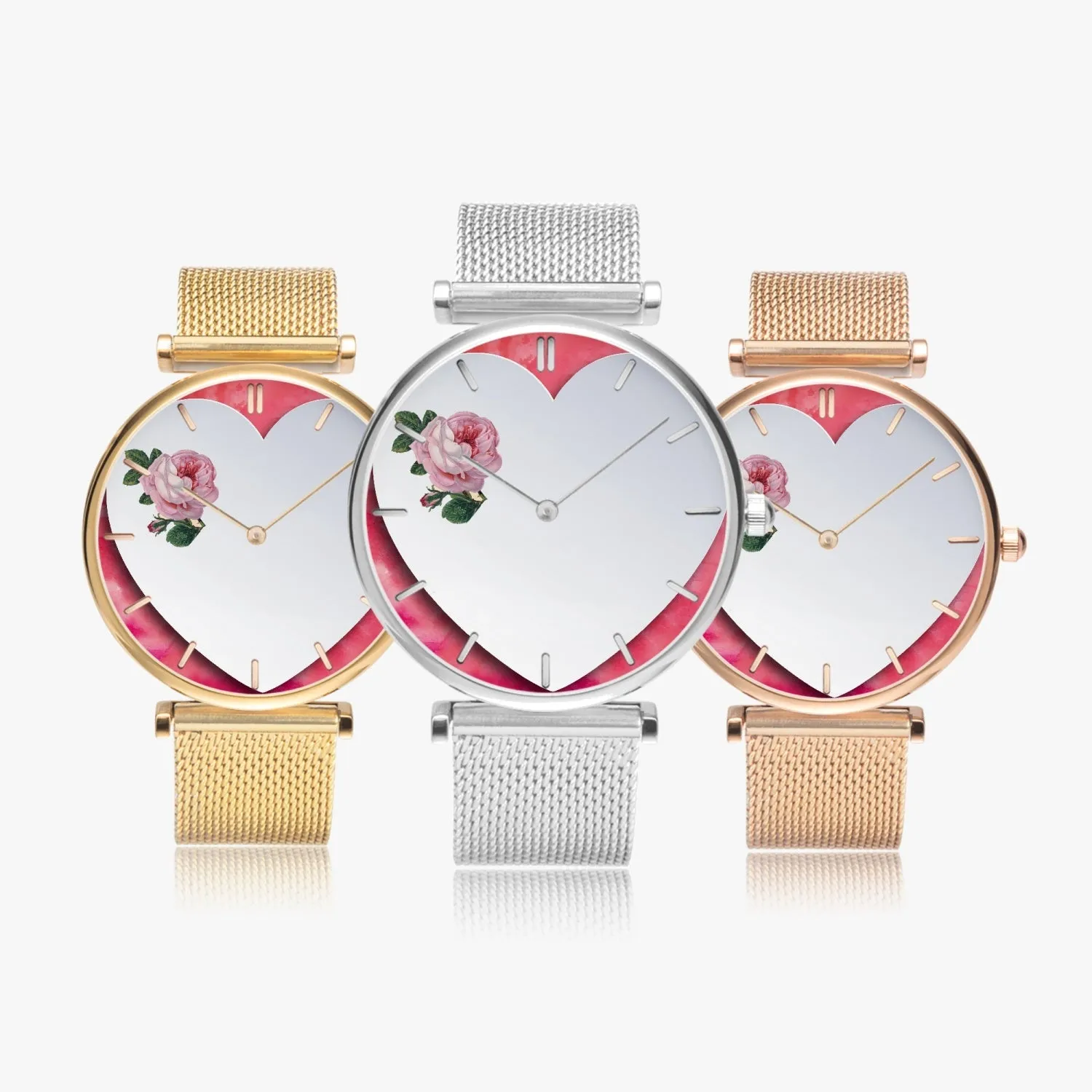 156. Custom "BEVELED HEART" BACKGROUND: Ultra-Thin Quartz Watch (With Indicators) Beveled Heart & Rose
