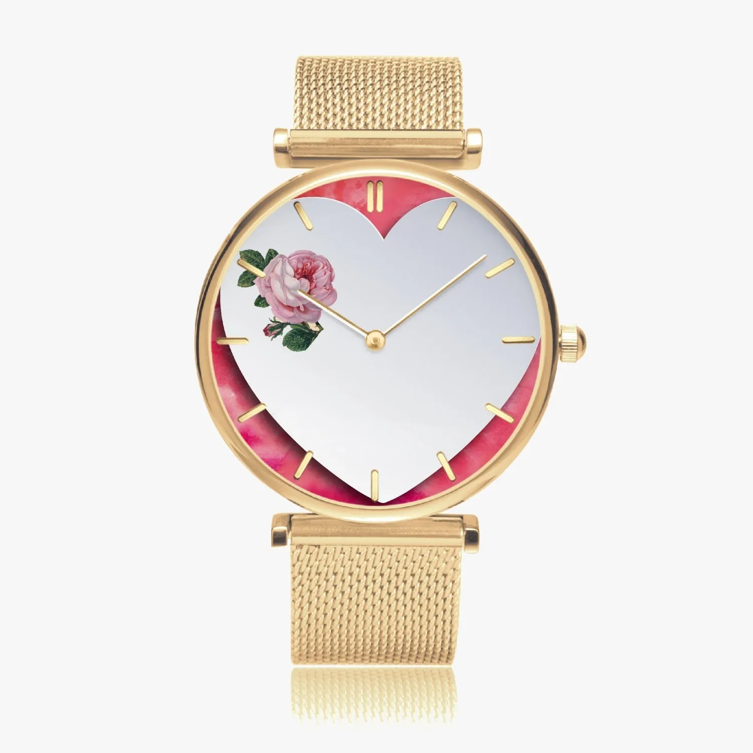 156. Custom "BEVELED HEART" BACKGROUND: Ultra-Thin Quartz Watch (With Indicators) Beveled Heart & Rose