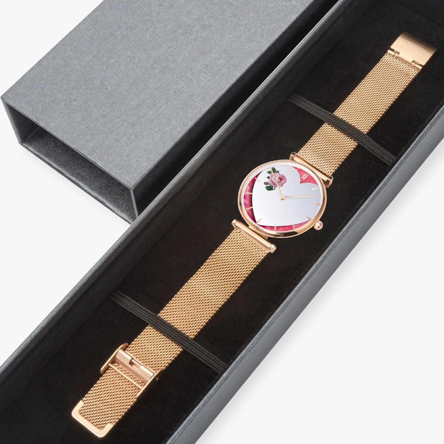 156. Custom "BEVELED HEART" BACKGROUND: Ultra-Thin Quartz Watch (With Indicators) Beveled Heart & Rose