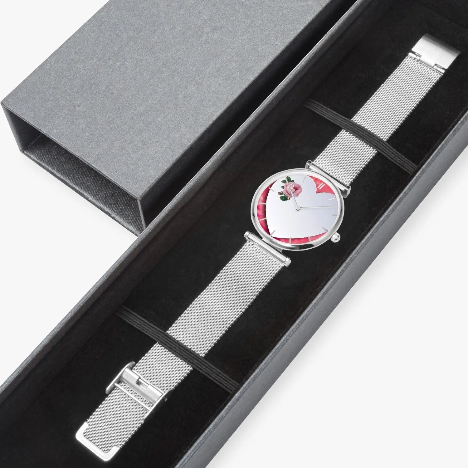 156. Custom "BEVELED HEART" BACKGROUND: Ultra-Thin Quartz Watch (With Indicators) Beveled Heart & Rose