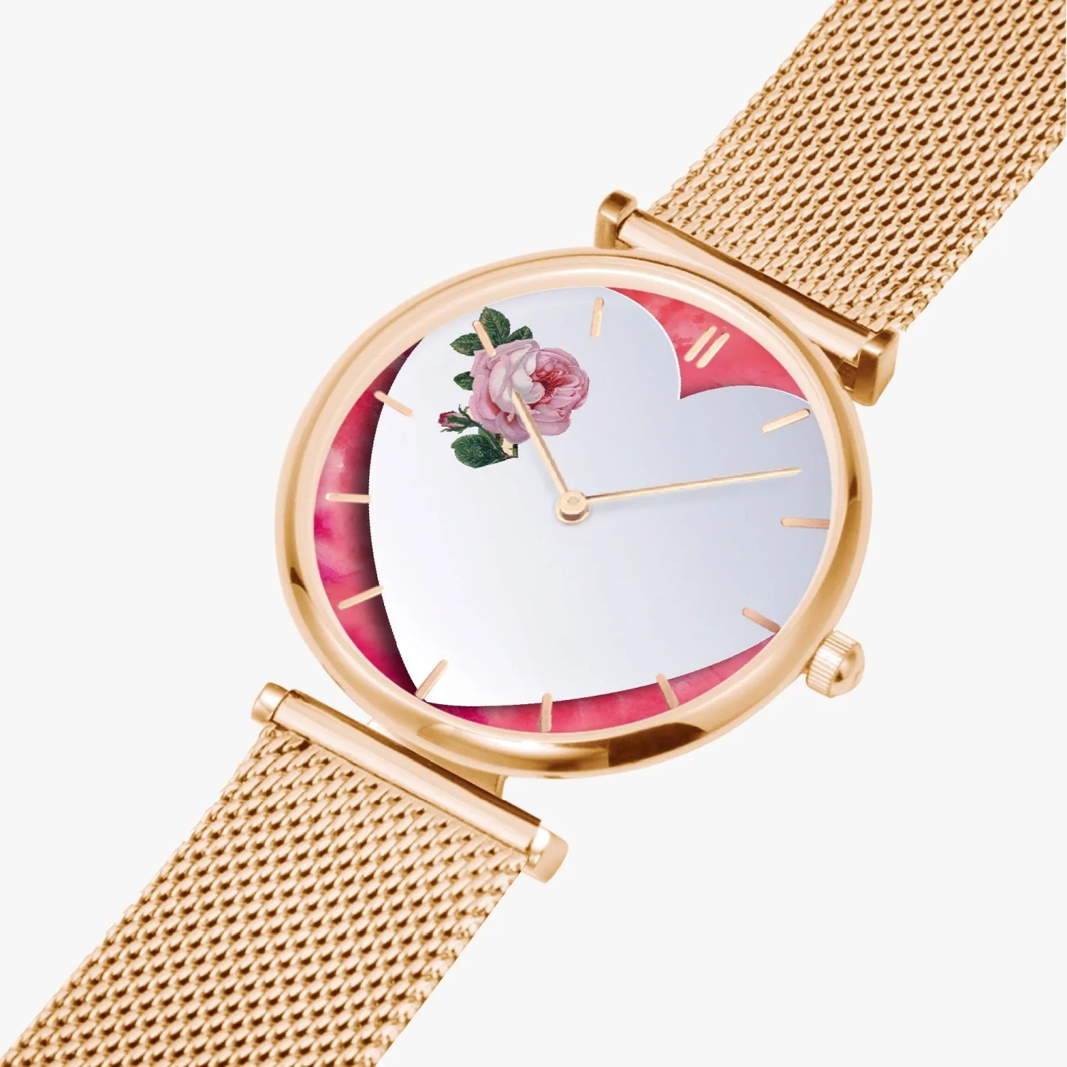 156. Custom "BEVELED HEART" BACKGROUND: Ultra-Thin Quartz Watch (With Indicators) Beveled Heart & Rose