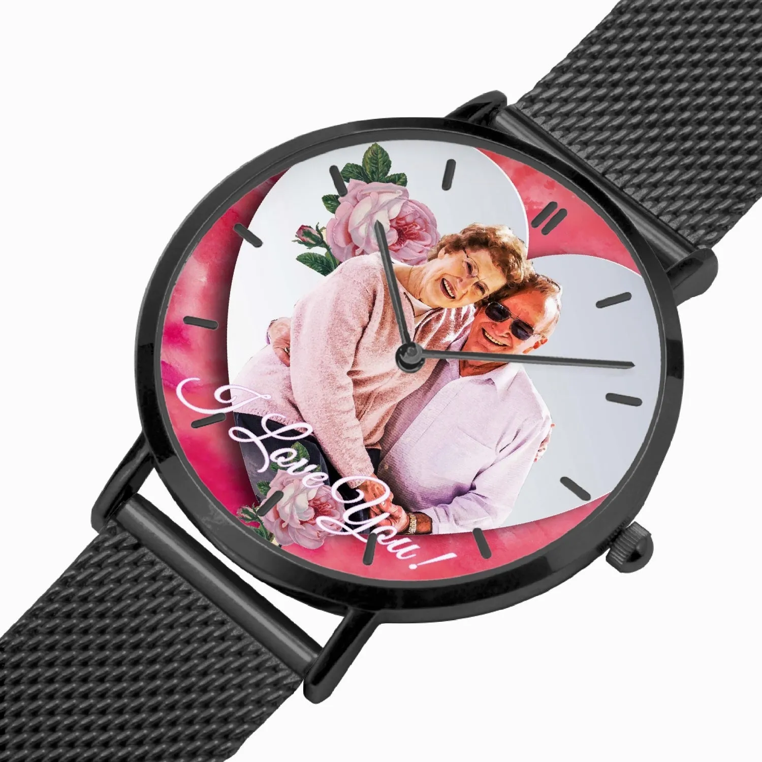 170. Custom "BEVELED HEART" BACKGROUND: Ultra-Thin Quartz Watch (With Indicators) Beveled Heart & Rose