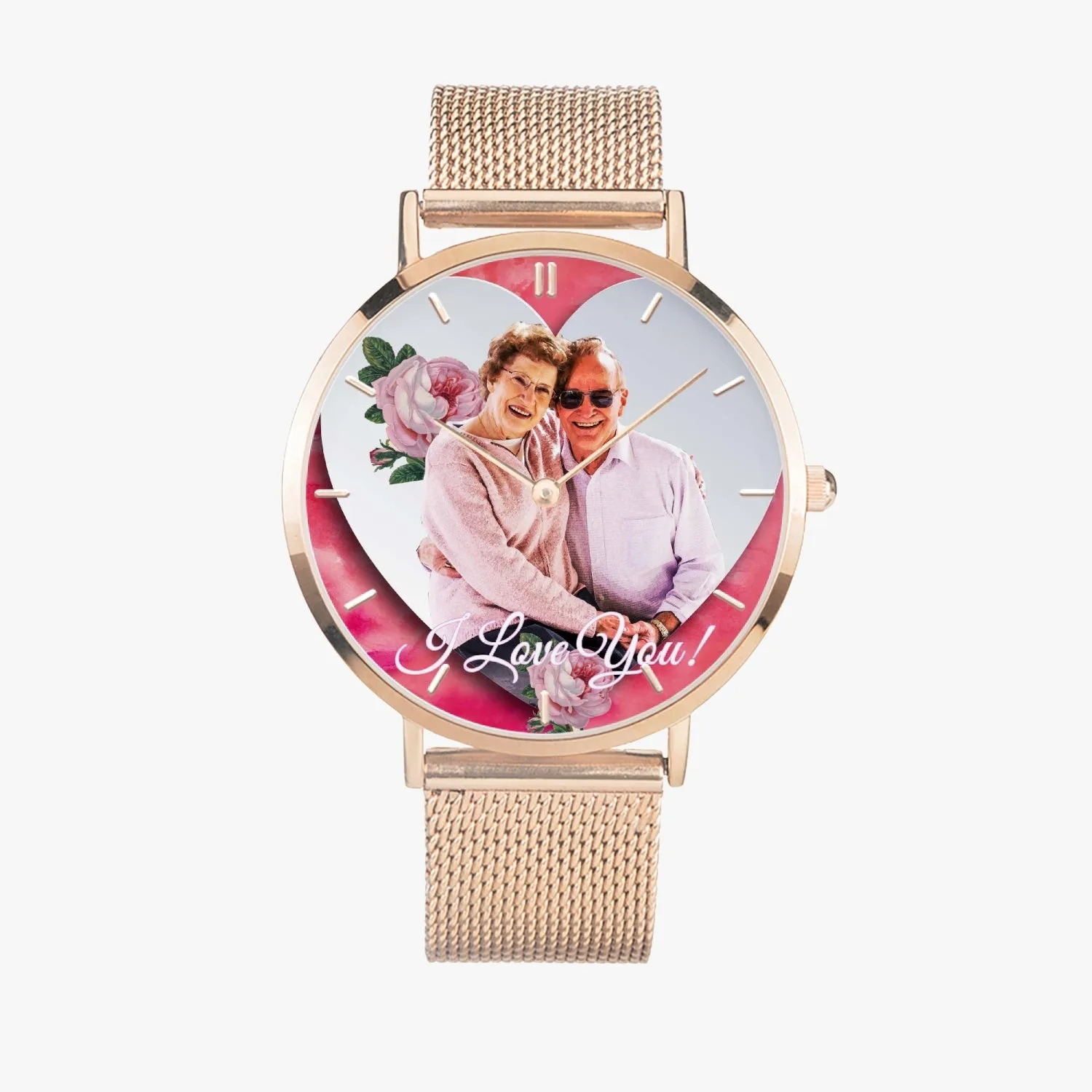 170. Custom "BEVELED HEART" BACKGROUND: Ultra-Thin Quartz Watch (With Indicators) Beveled Heart & Rose