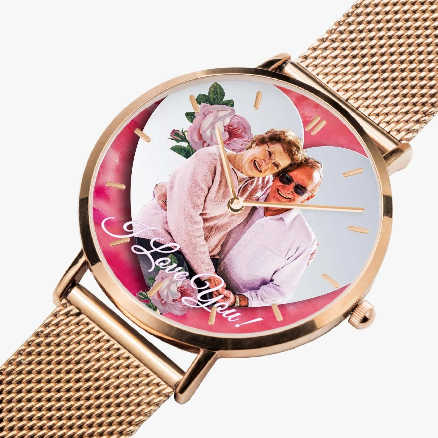170. Custom "BEVELED HEART" BACKGROUND: Ultra-Thin Quartz Watch (With Indicators) Beveled Heart & Rose