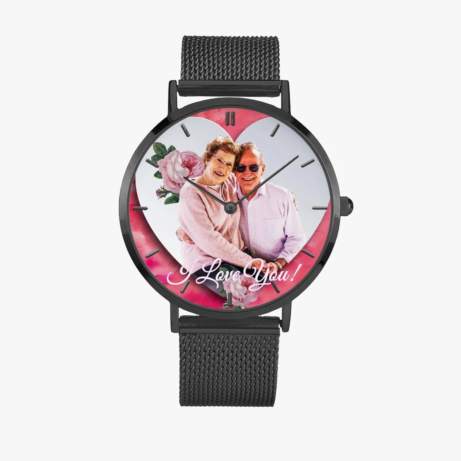 170. Custom "BEVELED HEART" BACKGROUND: Ultra-Thin Quartz Watch (With Indicators) Beveled Heart & Rose