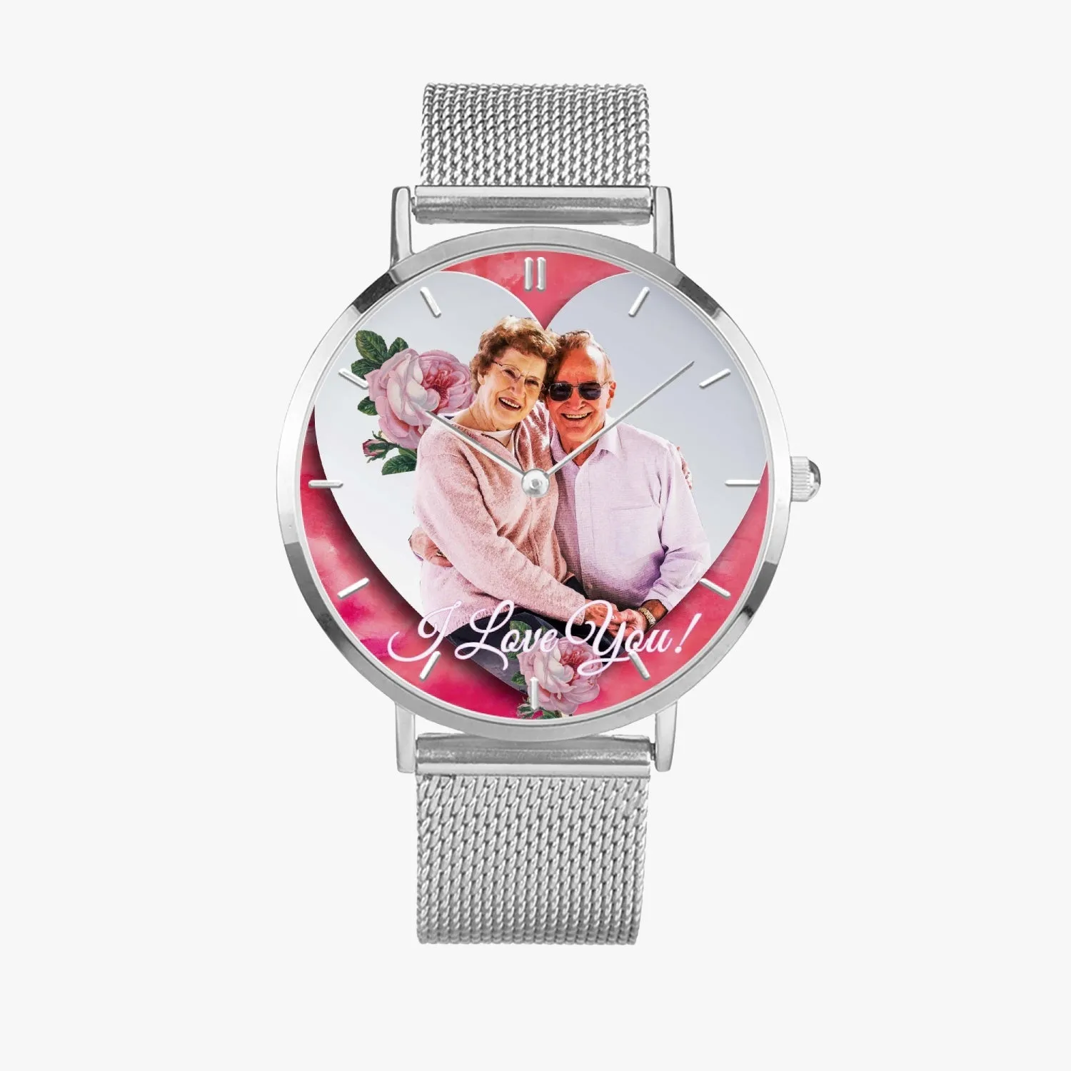 170. Custom "BEVELED HEART" BACKGROUND: Ultra-Thin Quartz Watch (With Indicators) Beveled Heart & Rose