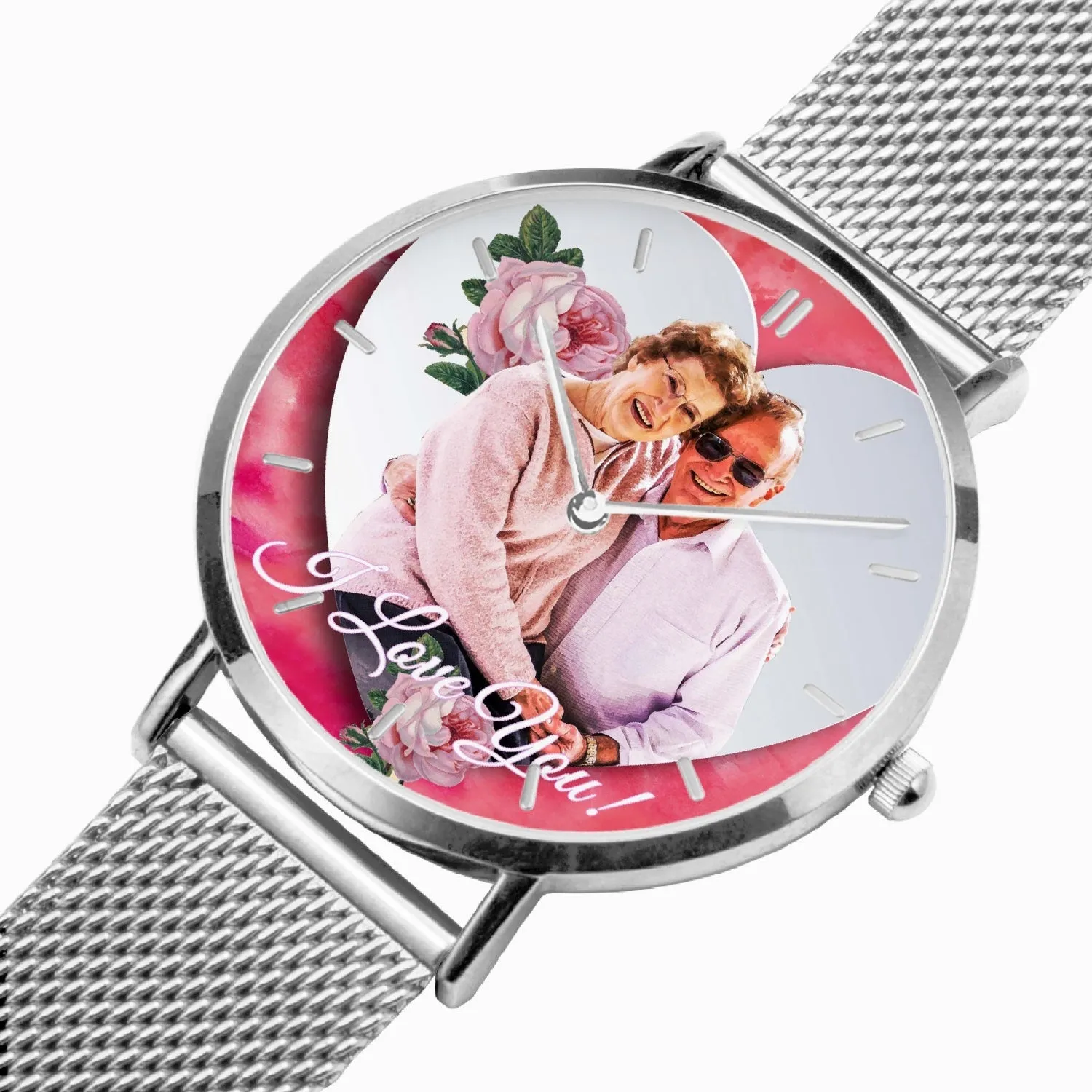 170. Custom "BEVELED HEART" BACKGROUND: Ultra-Thin Quartz Watch (With Indicators) Beveled Heart & Rose