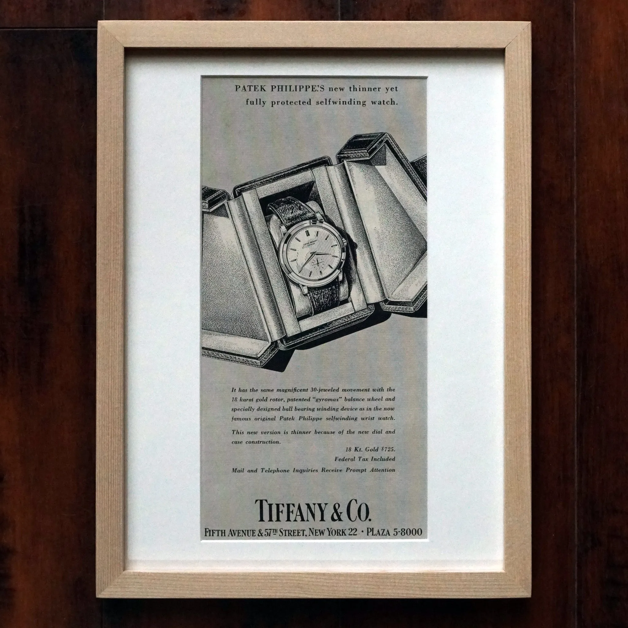 1950s PATEK PHILIPPE TIFFANY REF.2552 VINTAGE AD PRINT WOOD FRAME