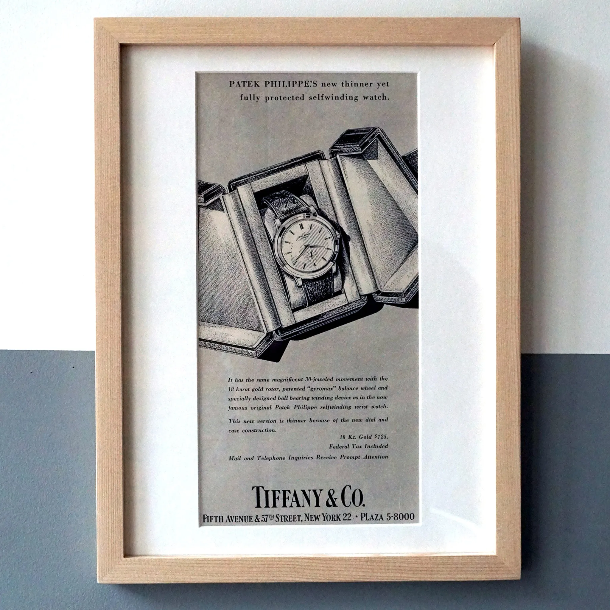 1950s PATEK PHILIPPE TIFFANY REF.2552 VINTAGE AD PRINT WOOD FRAME