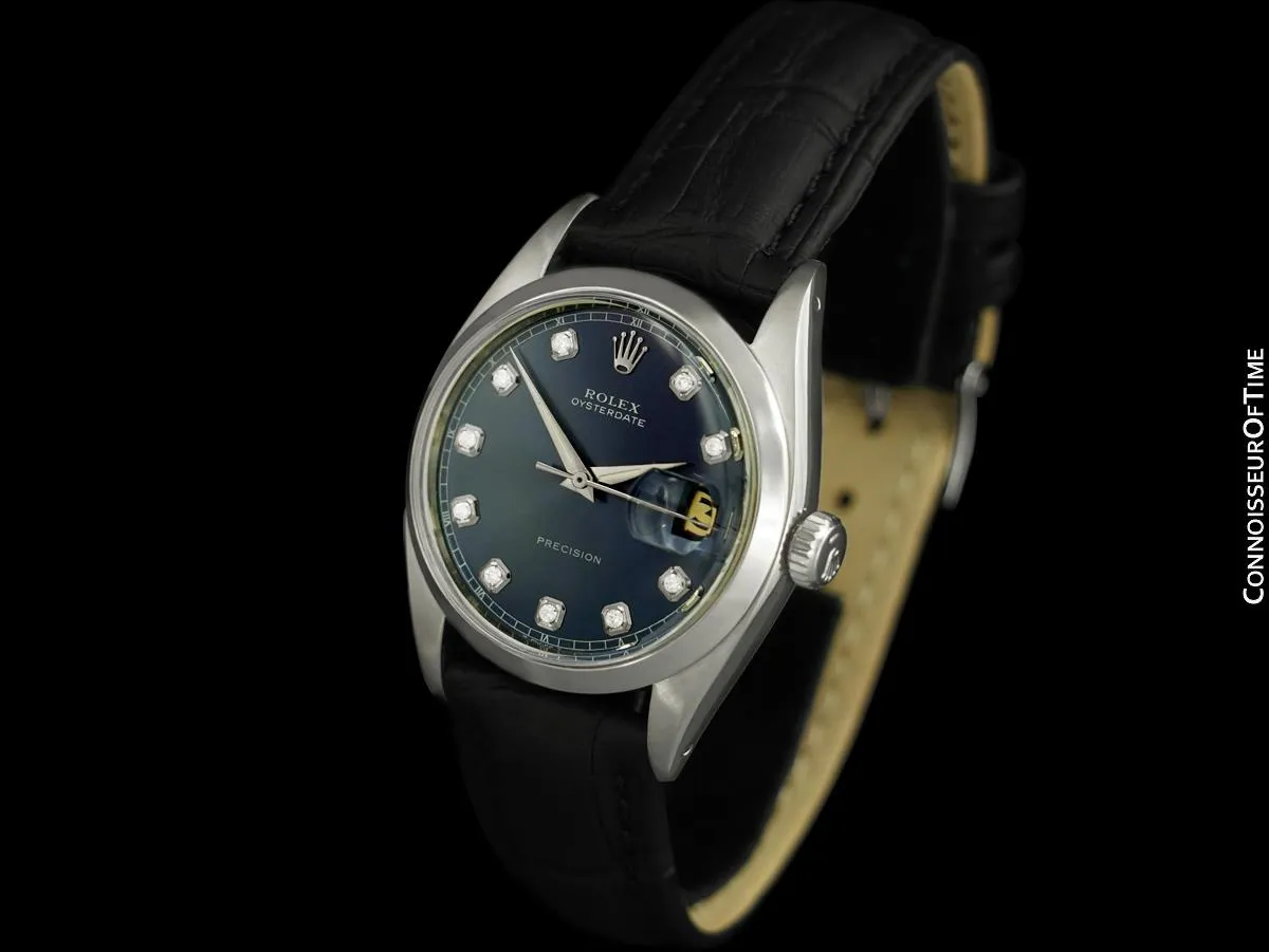 1959 Rolex Oysterdate Mens Vintage Ref. 6694 Date Watch with Blue Dial - Stainless Steel & Diamonds