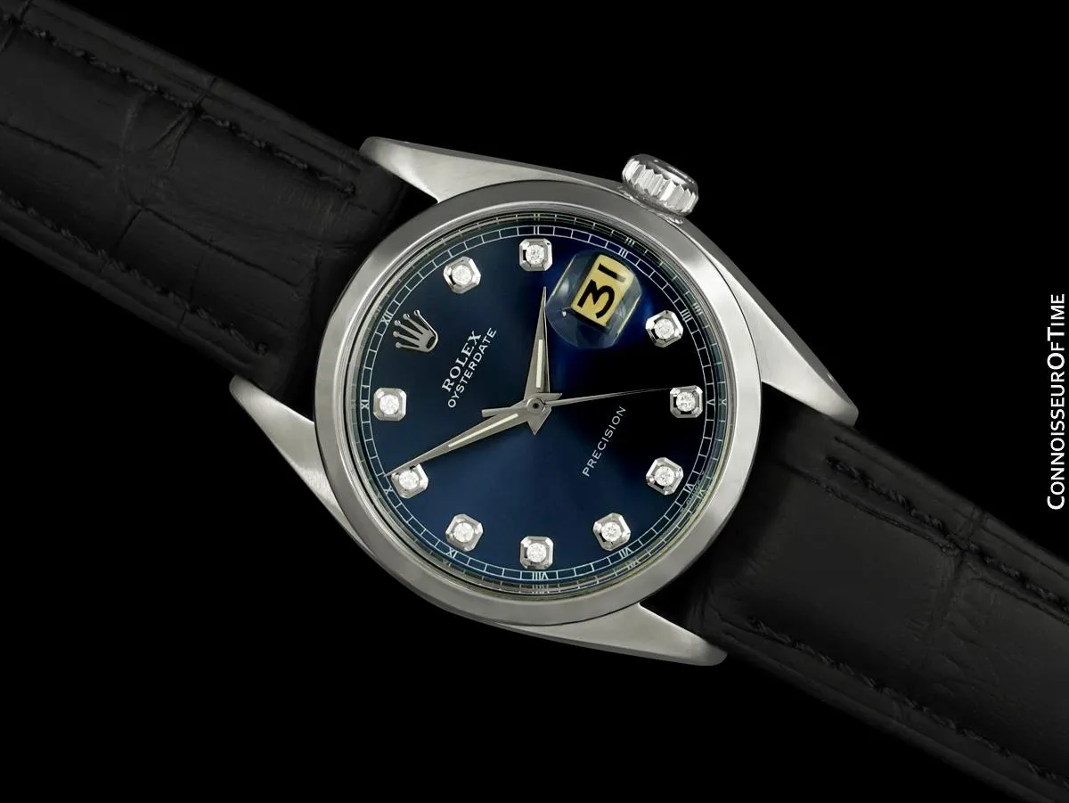 1959 Rolex Oysterdate Mens Vintage Ref. 6694 Date Watch with Blue Dial - Stainless Steel & Diamonds