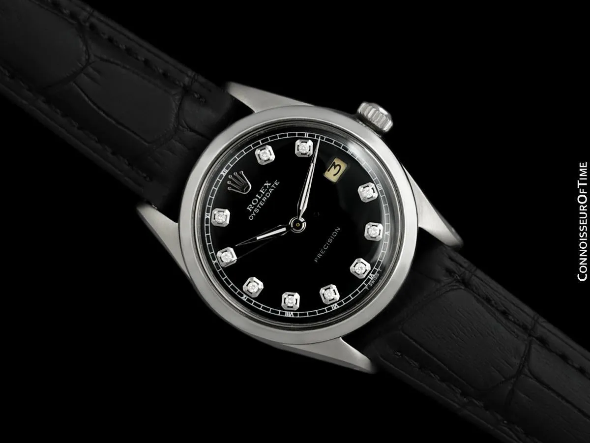 1961 Rolex Oysterdate Mens Vintage Ref. 6694 Date Watch with Black Dial - Stainless Steel & Diamonds
