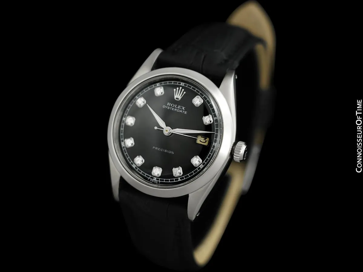 1961 Rolex Oysterdate Mens Vintage Ref. 6694 Date Watch with Black Dial - Stainless Steel & Diamonds