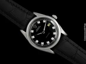 1961 Rolex Oysterdate Mens Vintage Ref. 6694 Date Watch with Black Dial - Stainless Steel & Diamonds