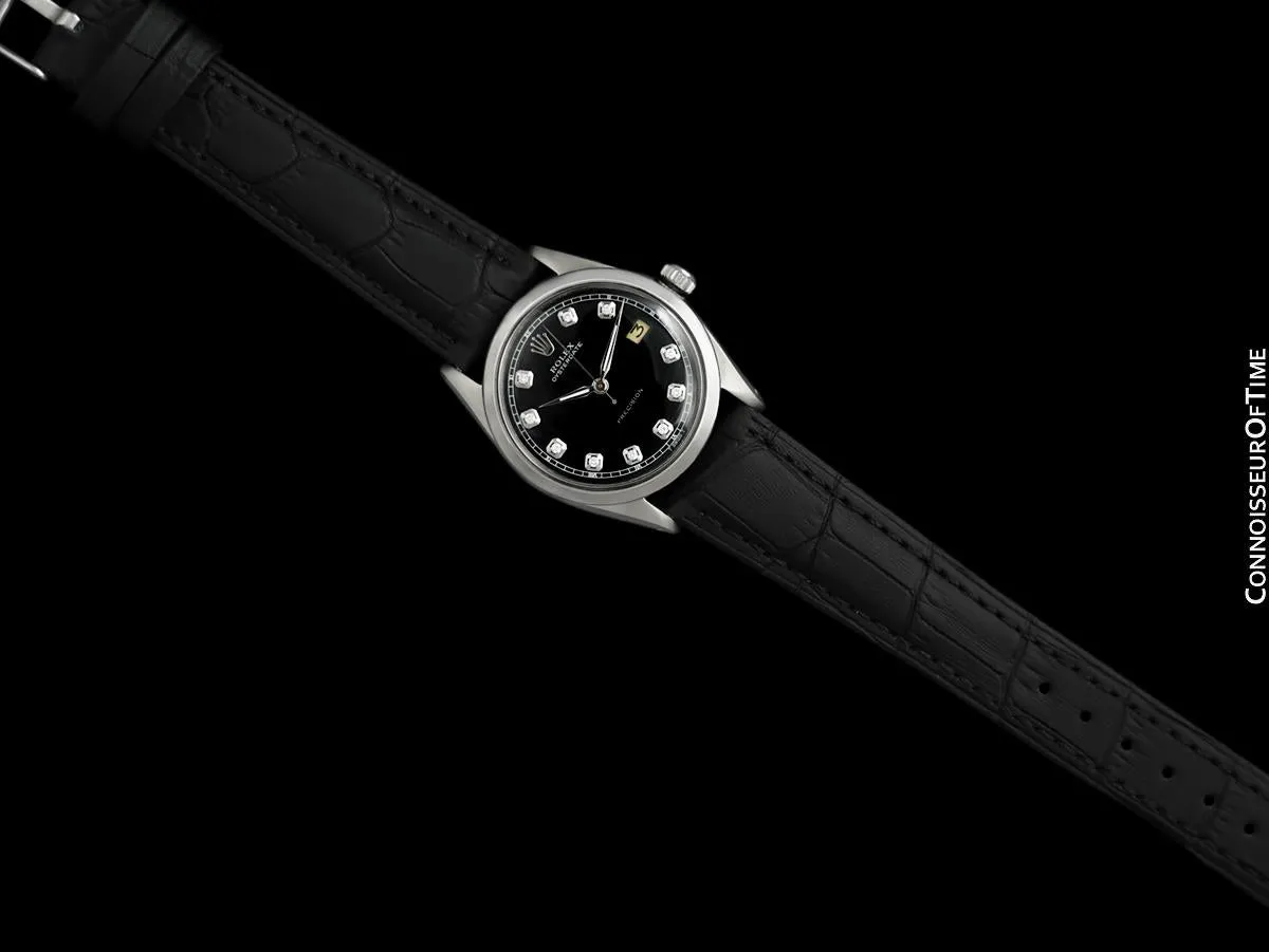 1961 Rolex Oysterdate Mens Vintage Ref. 6694 Date Watch with Black Dial - Stainless Steel & Diamonds