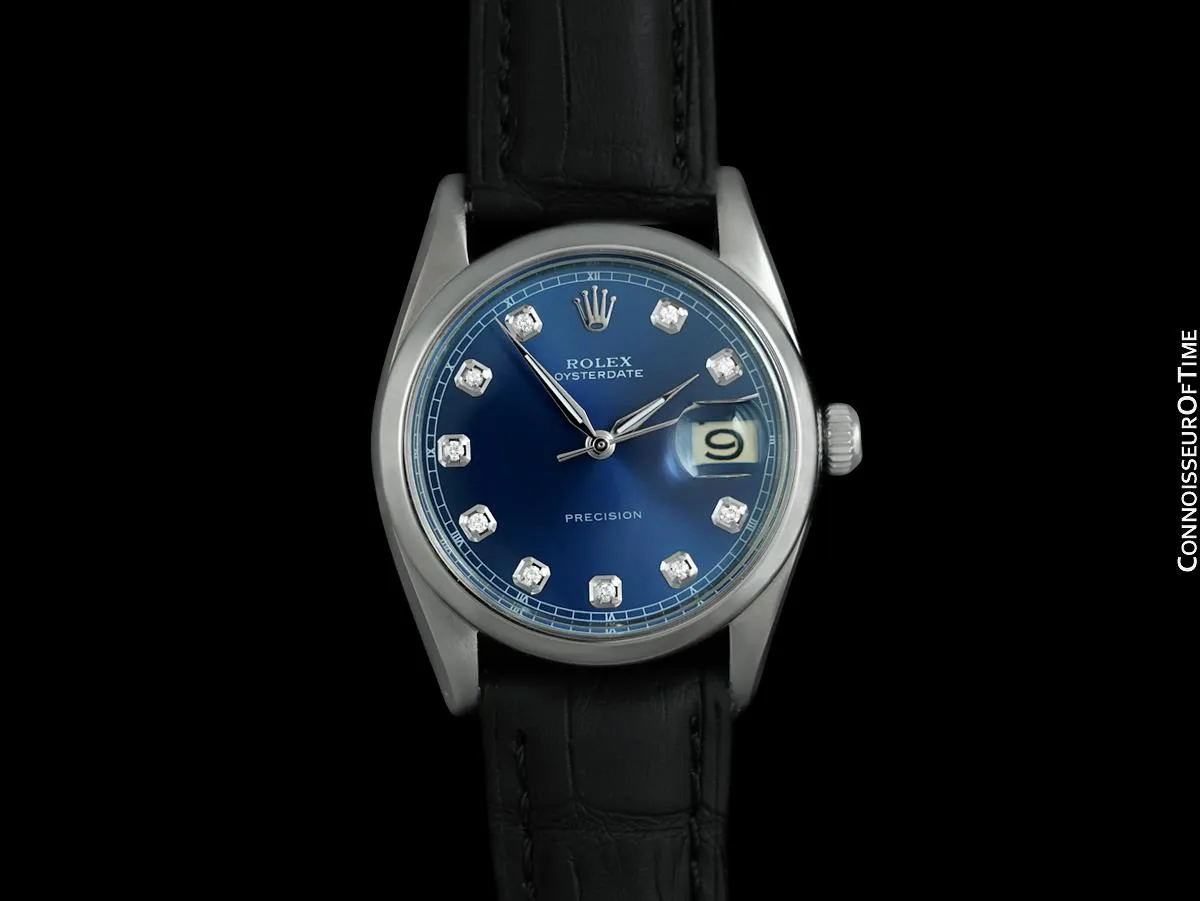 1963 Rolex Oysterdate Mens Vintage Ref. 6694 Date Watch with Blue Dial - Stainless Steel & Diamonds