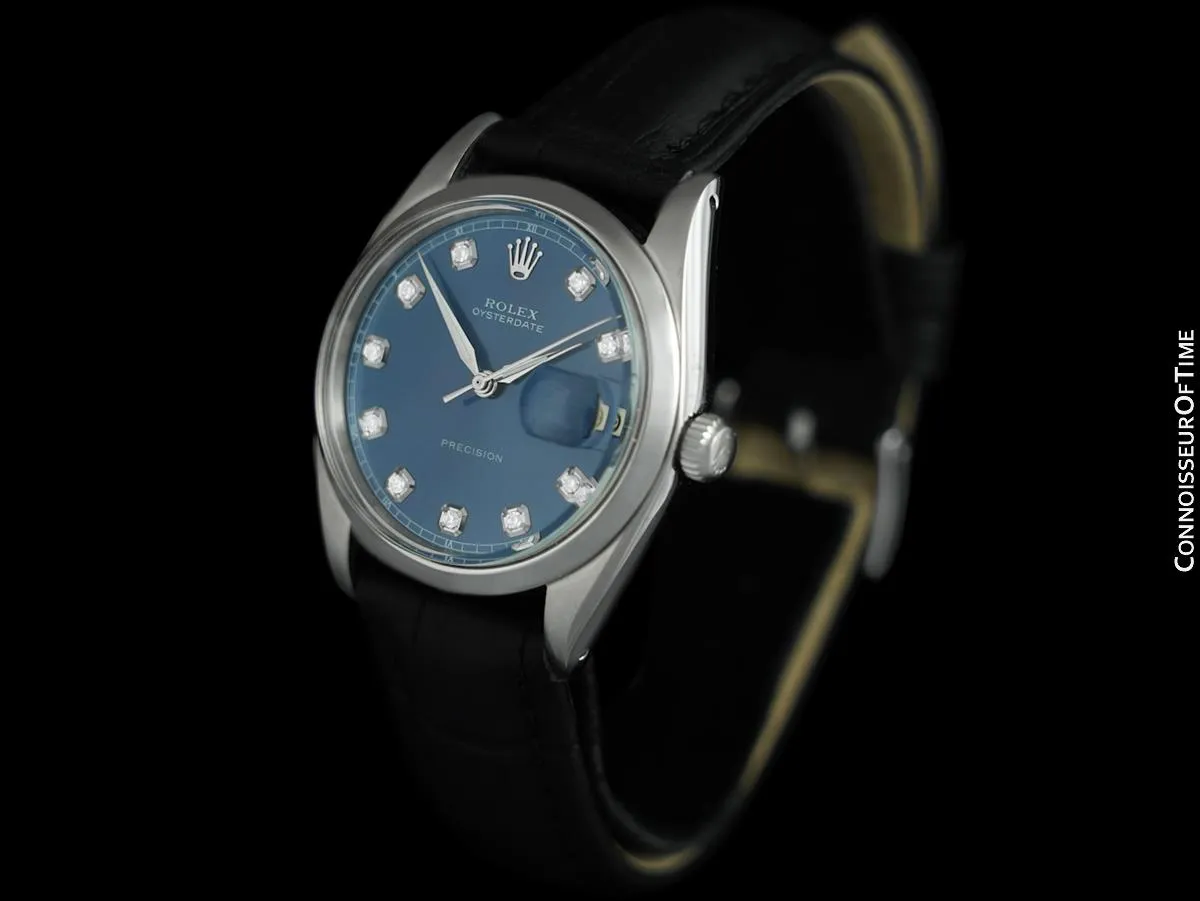 1963 Rolex Oysterdate Mens Vintage Ref. 6694 Date Watch with Blue Dial - Stainless Steel & Diamonds