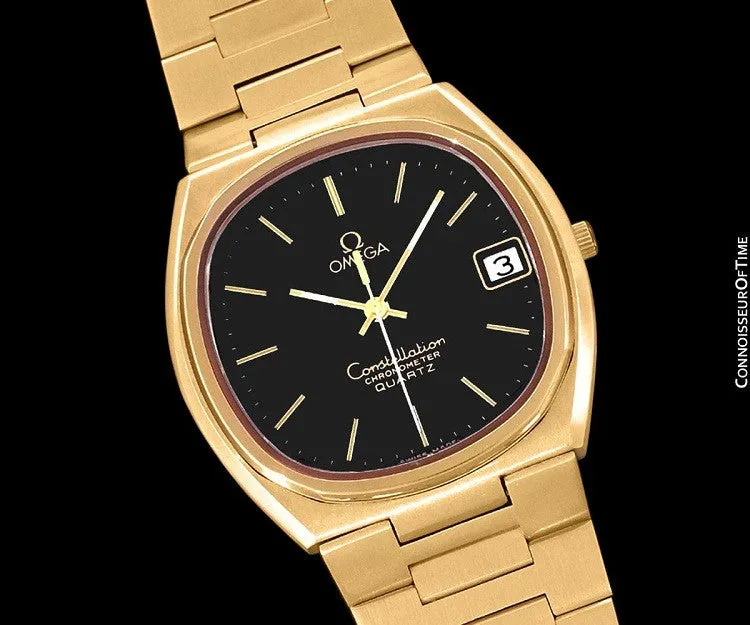 1970's Omega Constellation Chronometer Cool Vintage Mens Quartz Bracelet Watch - 18K Gold Plated & Stainless Steel