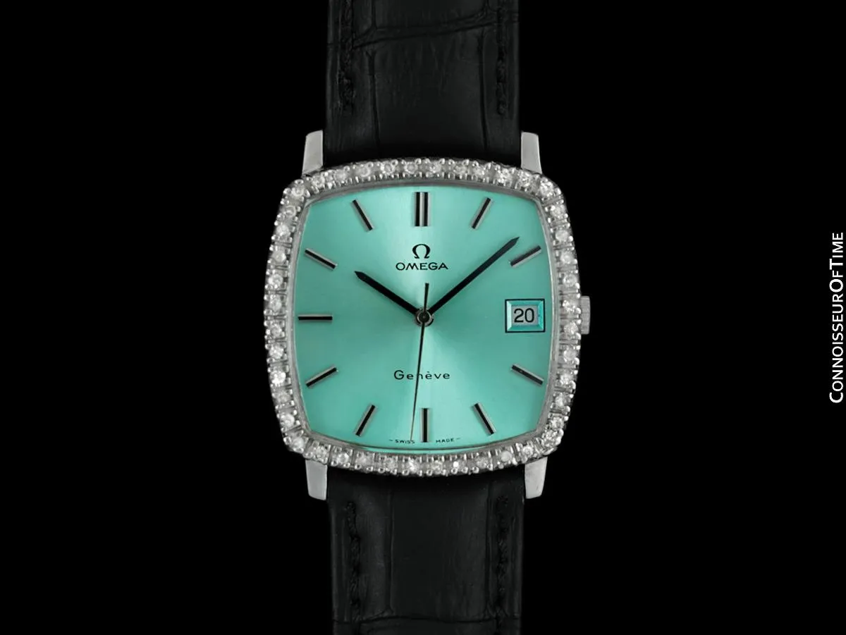 1970's Omega Geneve Vintage Mens Handwound Watch with Quick-Setting Date - Stainless Steel & Diamonds