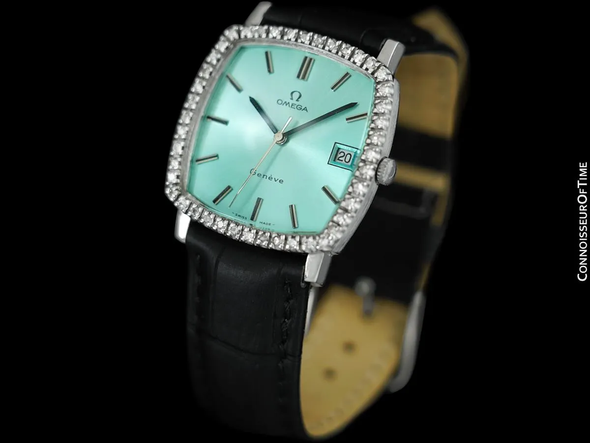 1970's Omega Geneve Vintage Mens Handwound Watch with Quick-Setting Date - Stainless Steel & Diamonds