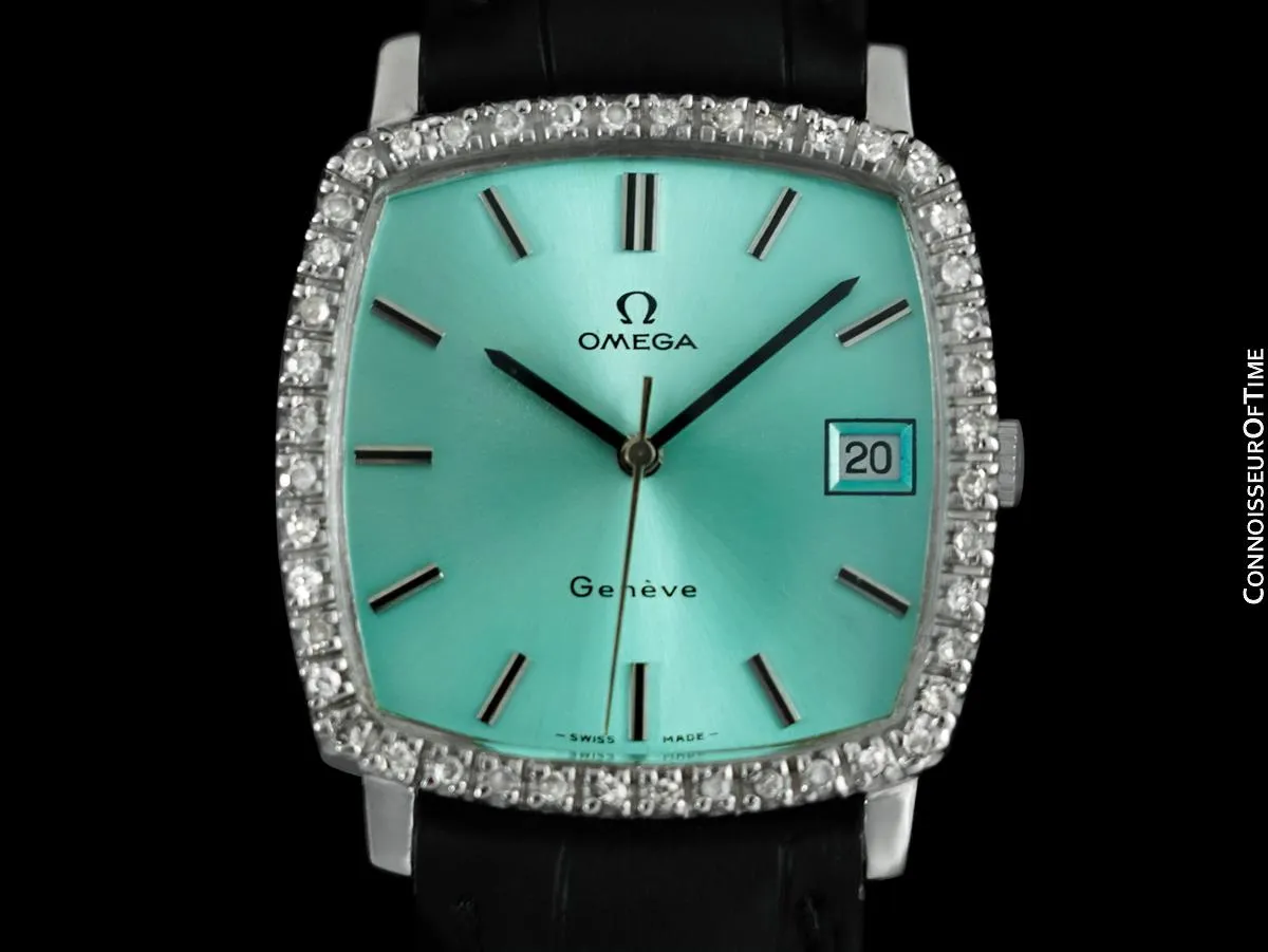 1970's Omega Geneve Vintage Mens Handwound Watch with Quick-Setting Date - Stainless Steel & Diamonds