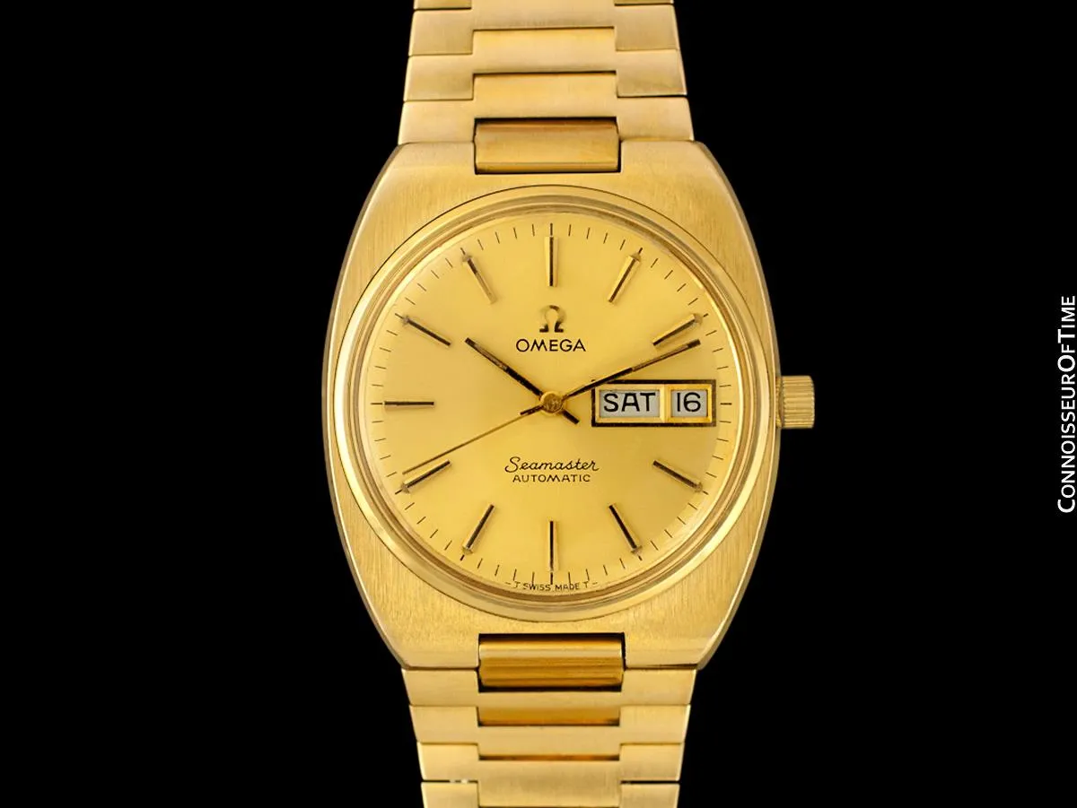 1972 Omega Seamaster Vintage Mens Bracelet Watch, Automatic, Day Date - 18K Gold Plated & Stainless Steel