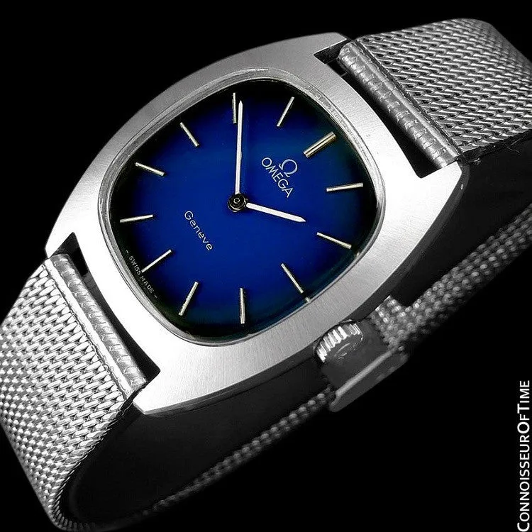 1974 Omega Geneve Vintage Retro Mens Handwound Ultra Slim Watch with Blue Vignette Dial - Stainless Steel